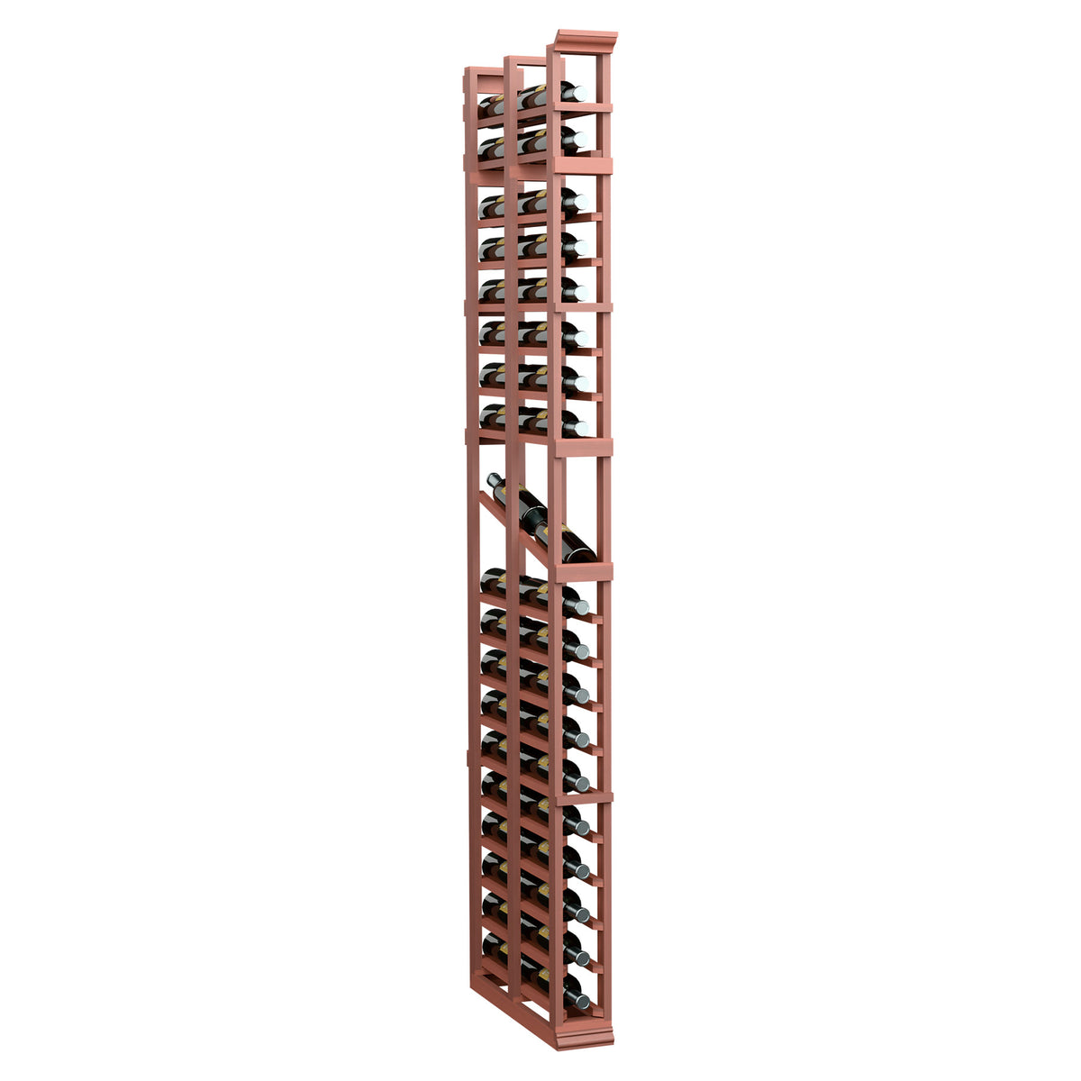 Red-brown wood double-deep display rack with bottle cradles, tall 7-ft style.