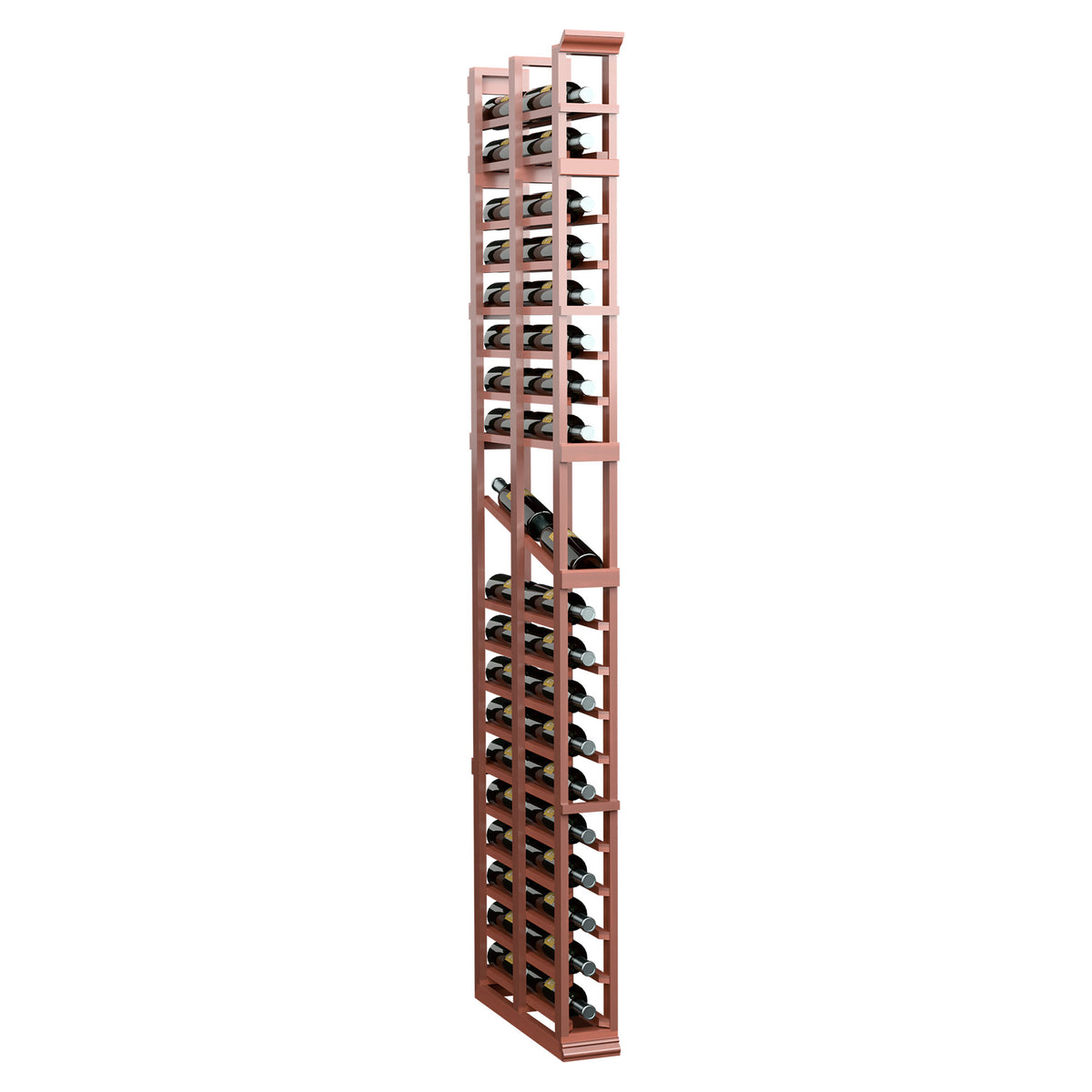 Red-brown wood double-deep display rack with bottle cradles, slim 7-ft tall.
