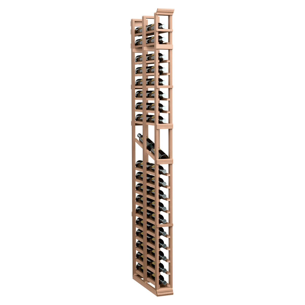 Light wood double-deep display rack with bottle cradles, tall 7-ft style.