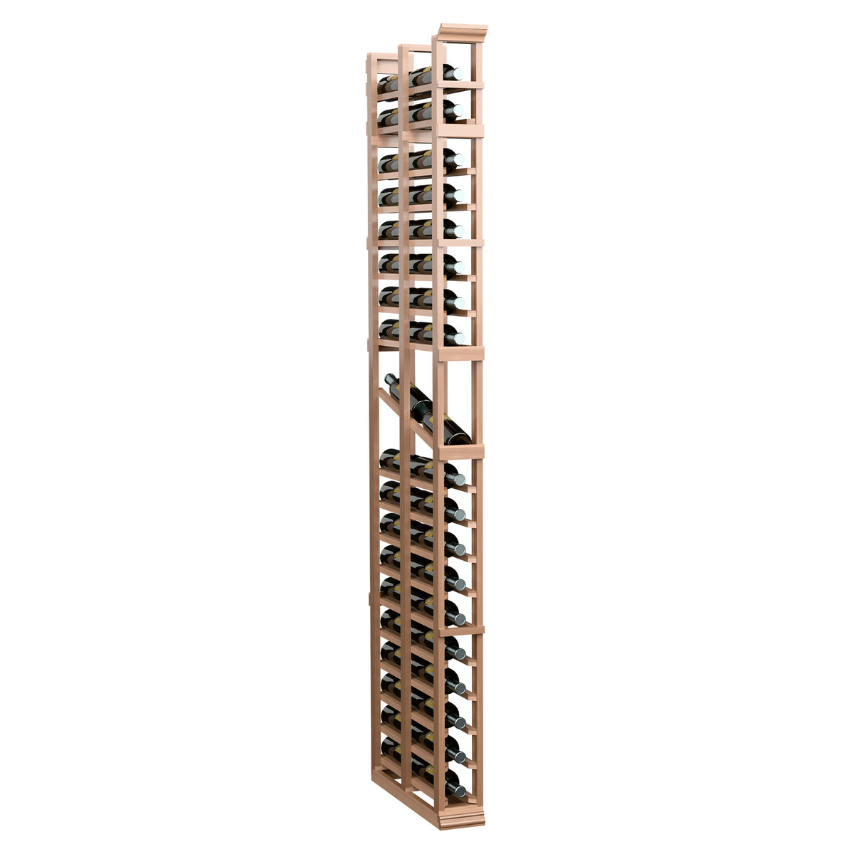 Light wood double-deep display rack with bottle cradles and open grid shelves, 7-ft.