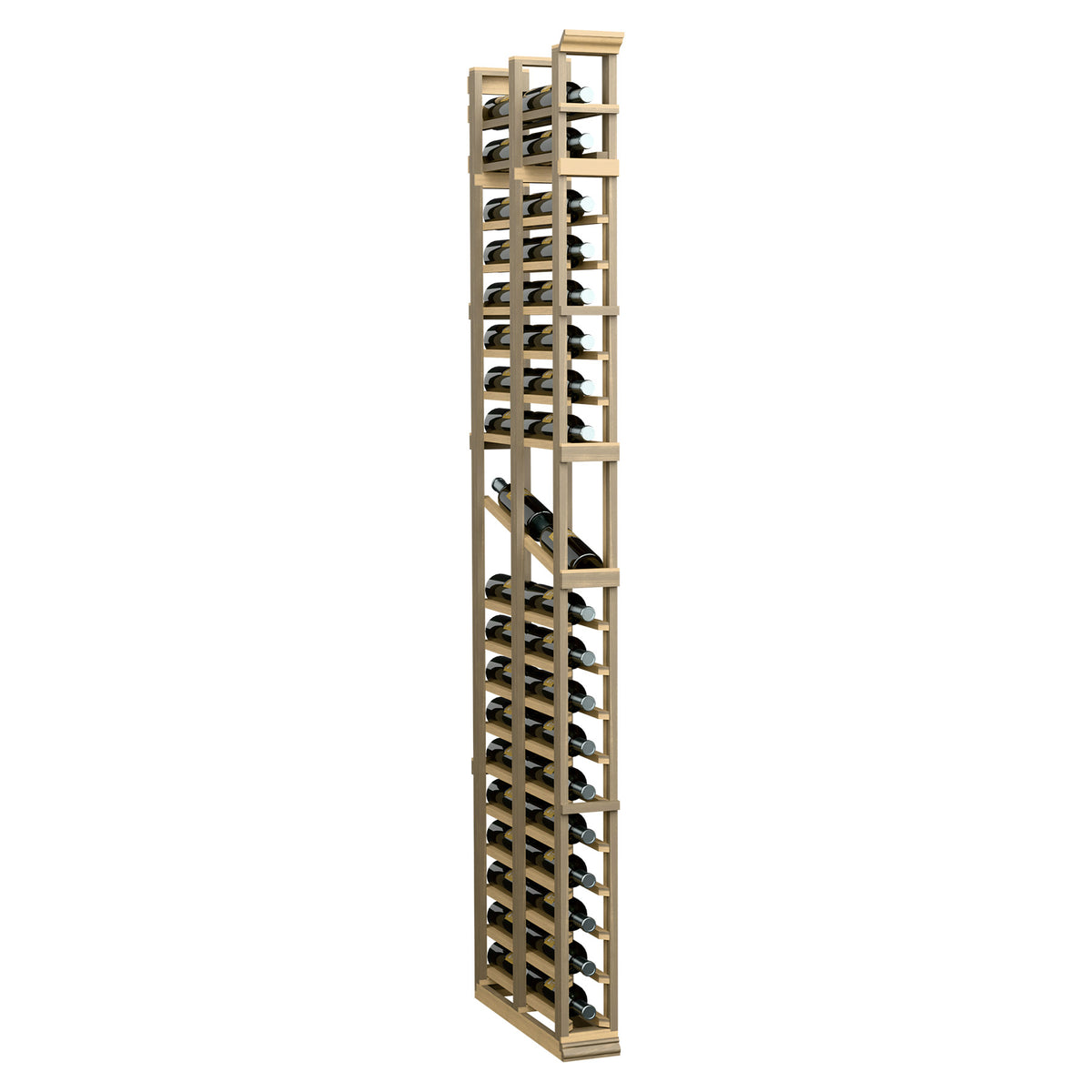 Pale wood double-deep display rack with bottle cradles, tall 7-ft style.