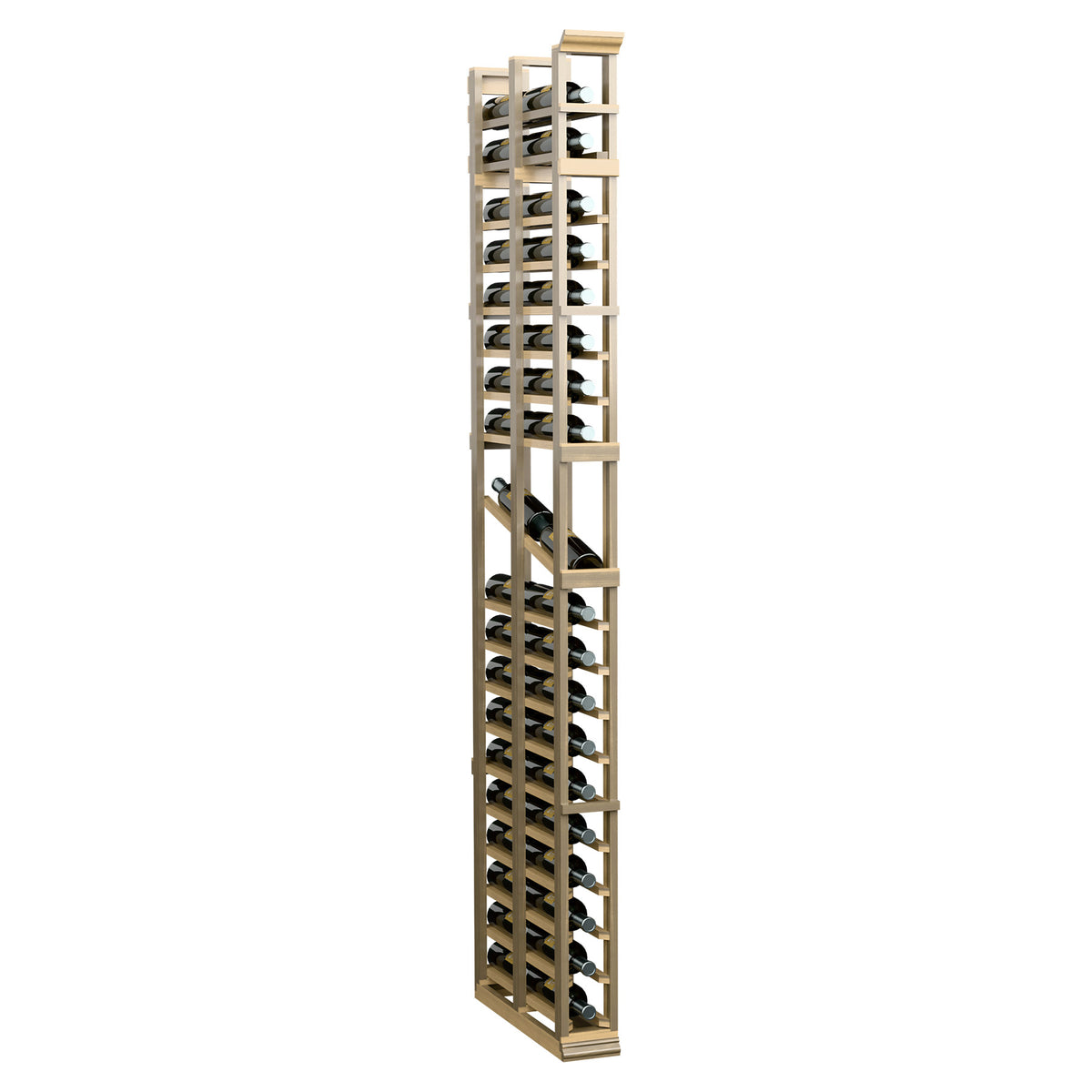 Light wood double-deep display rack with bottle cradles, open front 7-ft tall.