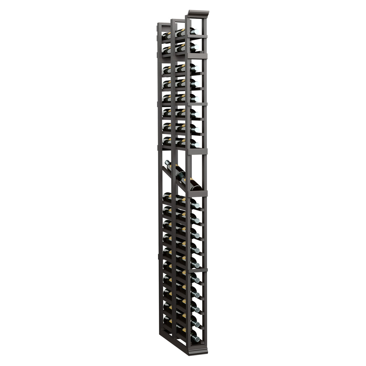 Black wood-and-metal double-deep display rack with bottle cradles, 7-ft tall.