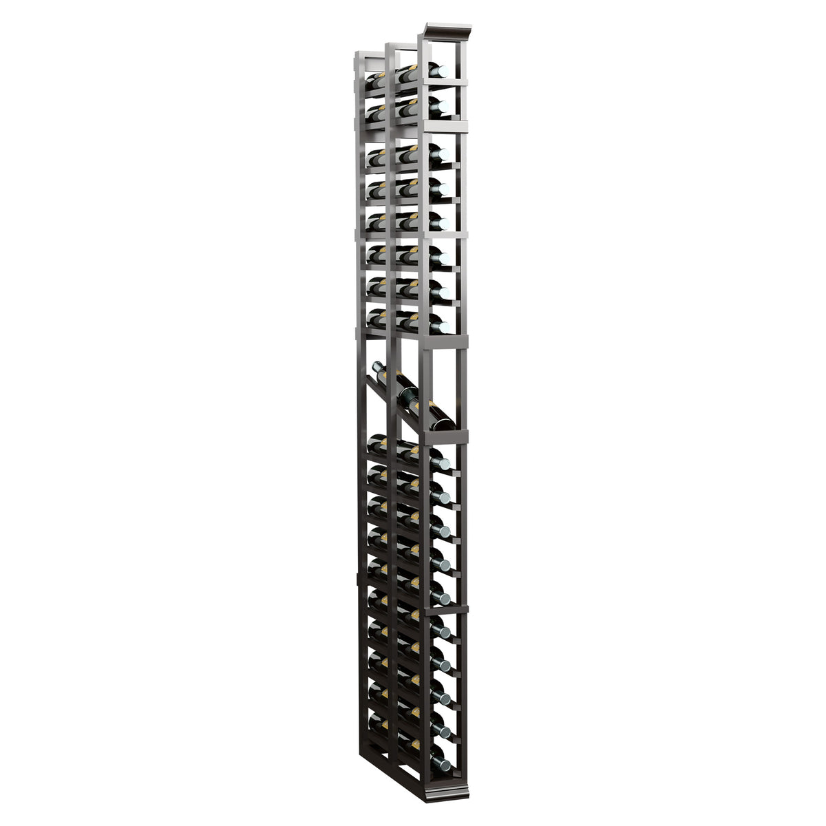 Grey-toned wood-and-metal double-deep display rack with bottle cradles, 7-ft tall.