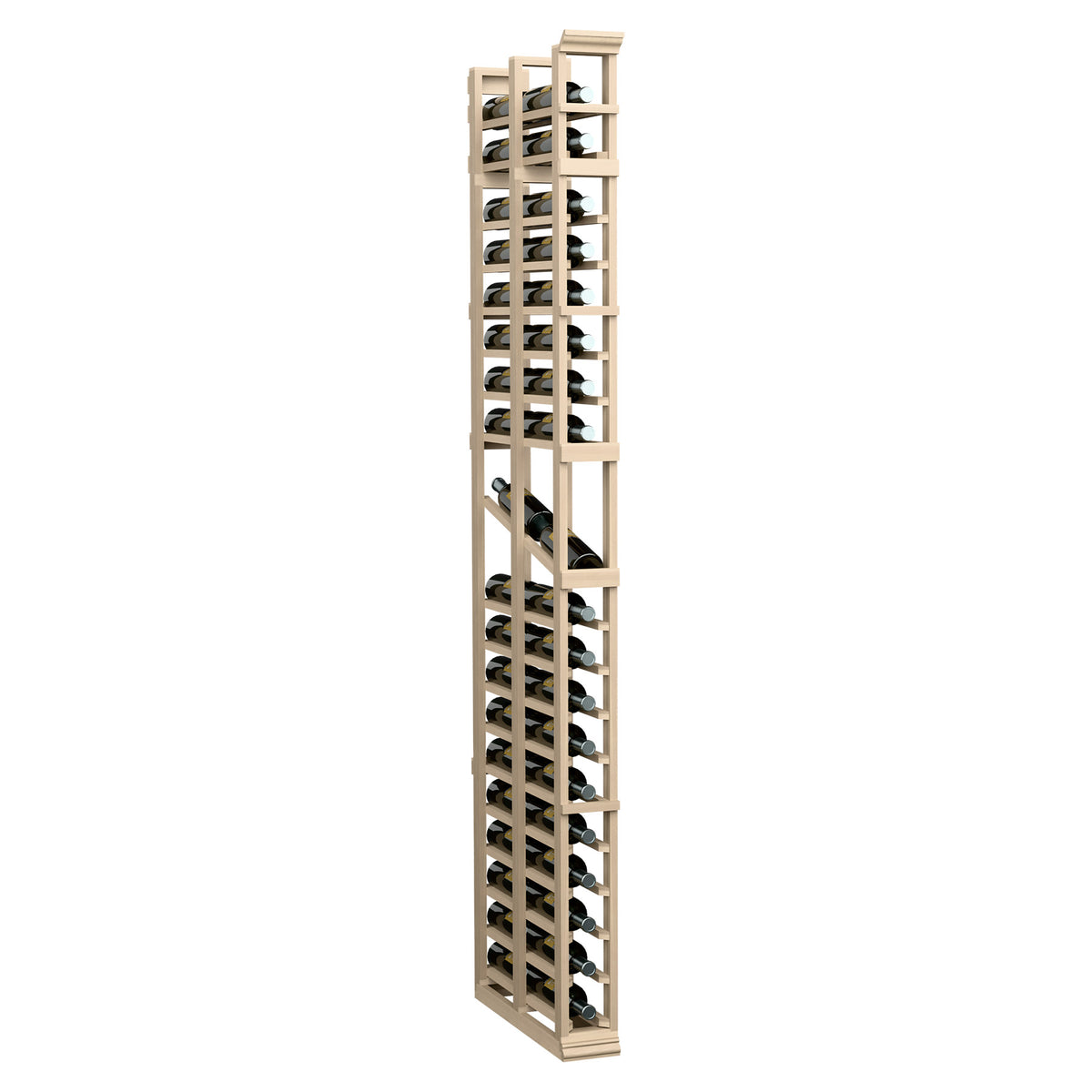 Light wood 1-column double-deep bottle display rack with lattice shelves