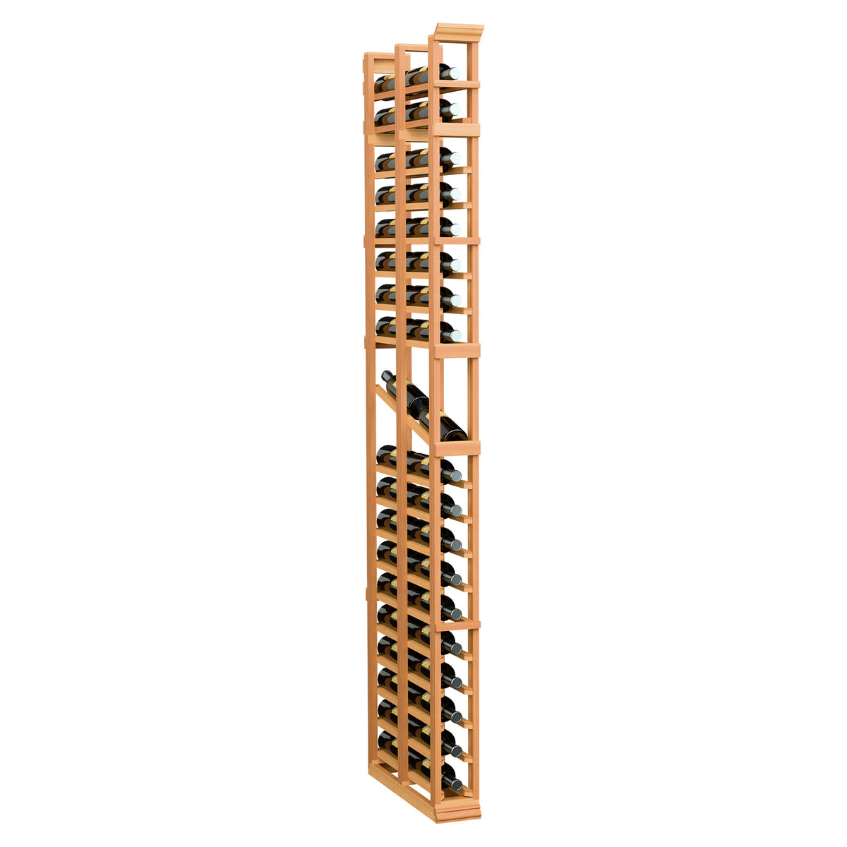 Warm natural wood 1-column double-deep bottle display rack with crisscross shelves