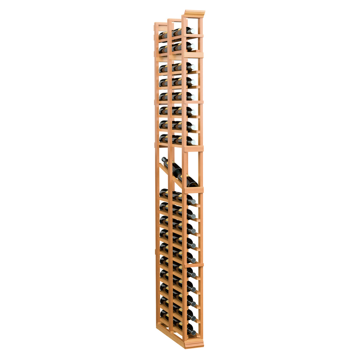 Natural wood vertical double-deep bottle rack with open lattice cubbies, 1 column
