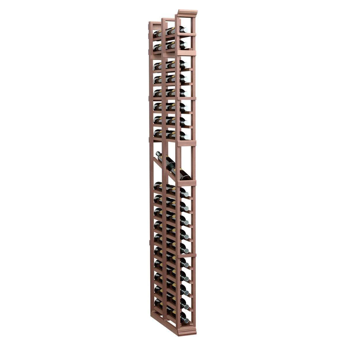 Dark brown wood 1-column double-deep bottle display rack with lattice storage