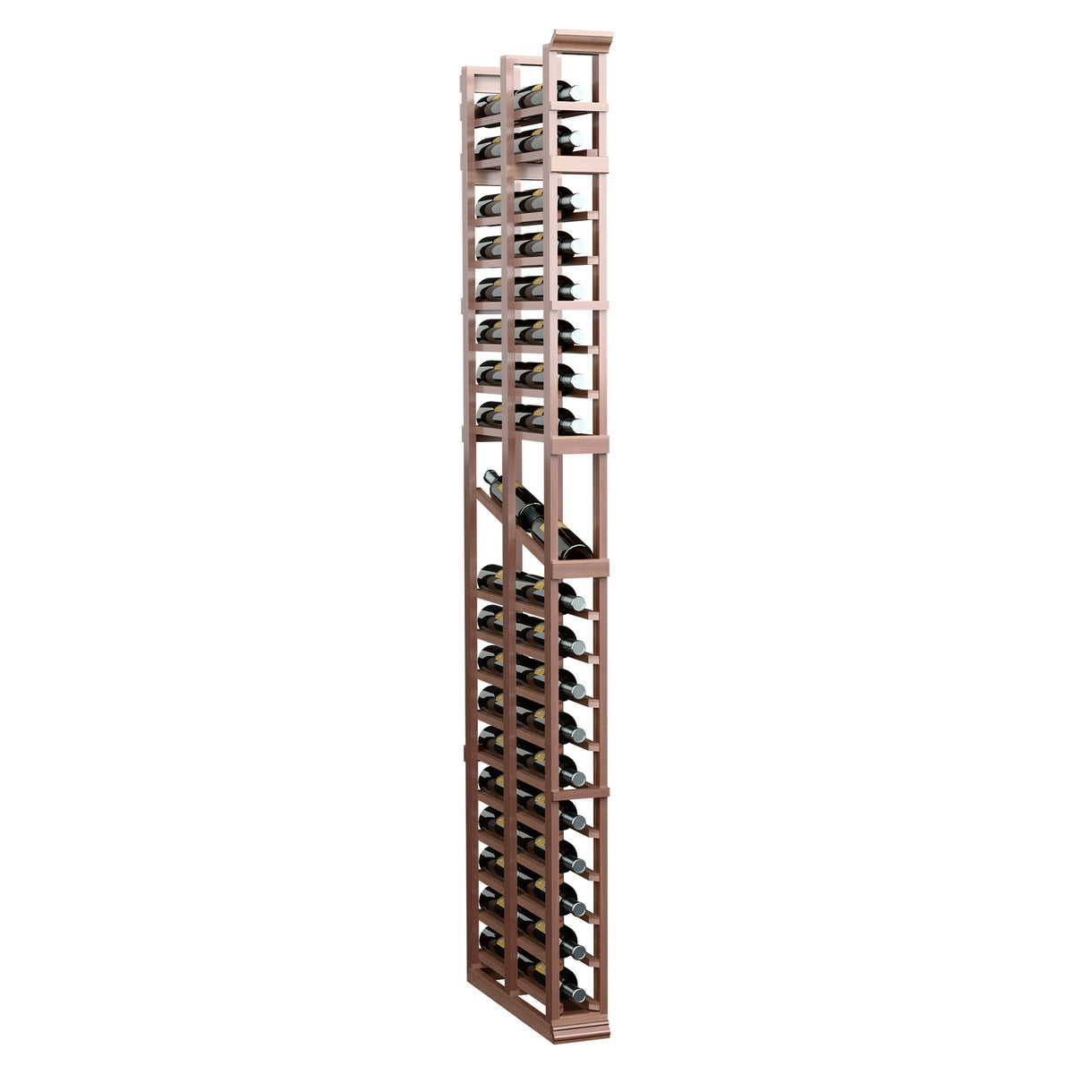 Dark brown vertical bottle display rack, double-deep cubbies in a 1-column frame