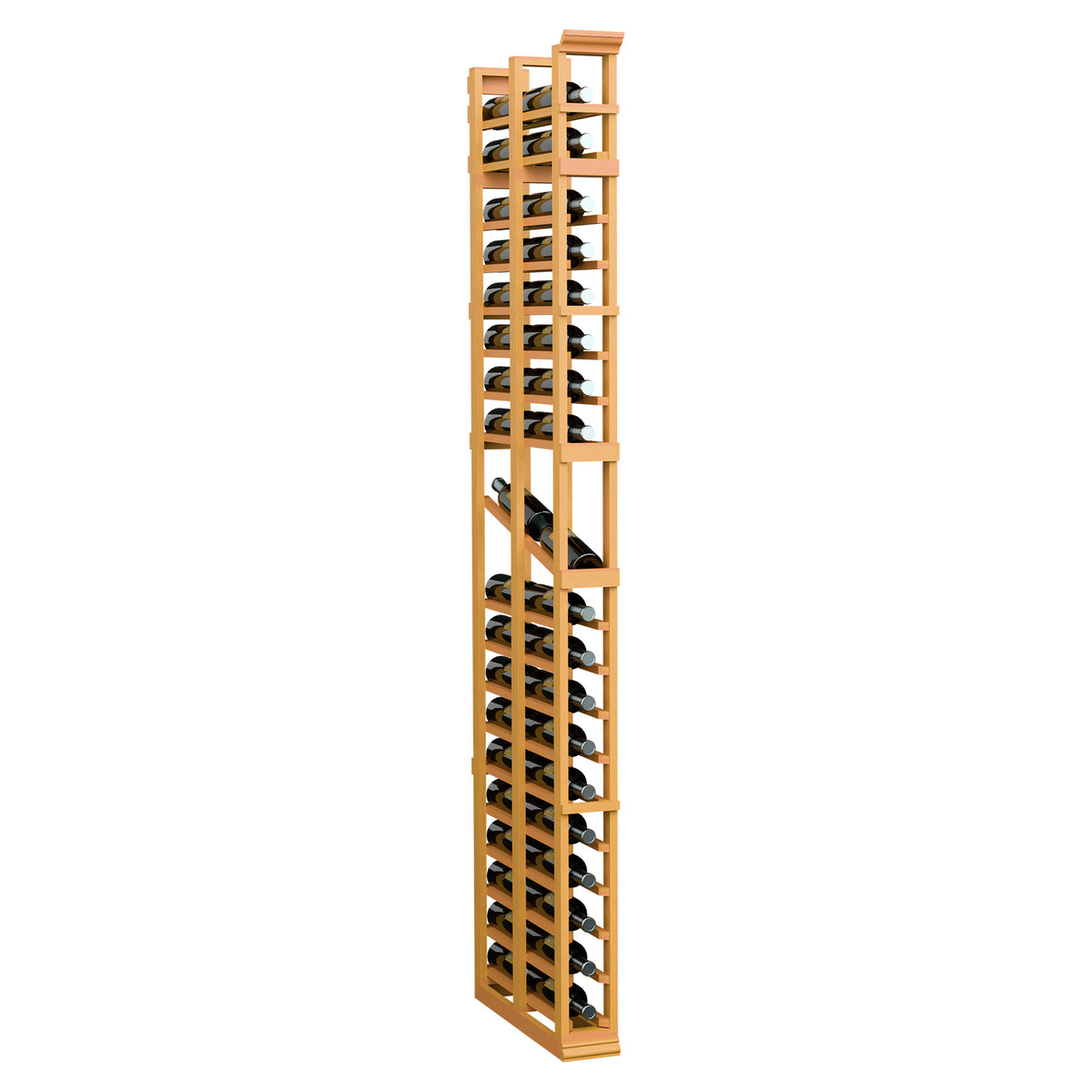 Golden wood 1-column double-deep bottle display rack with open grid shelves