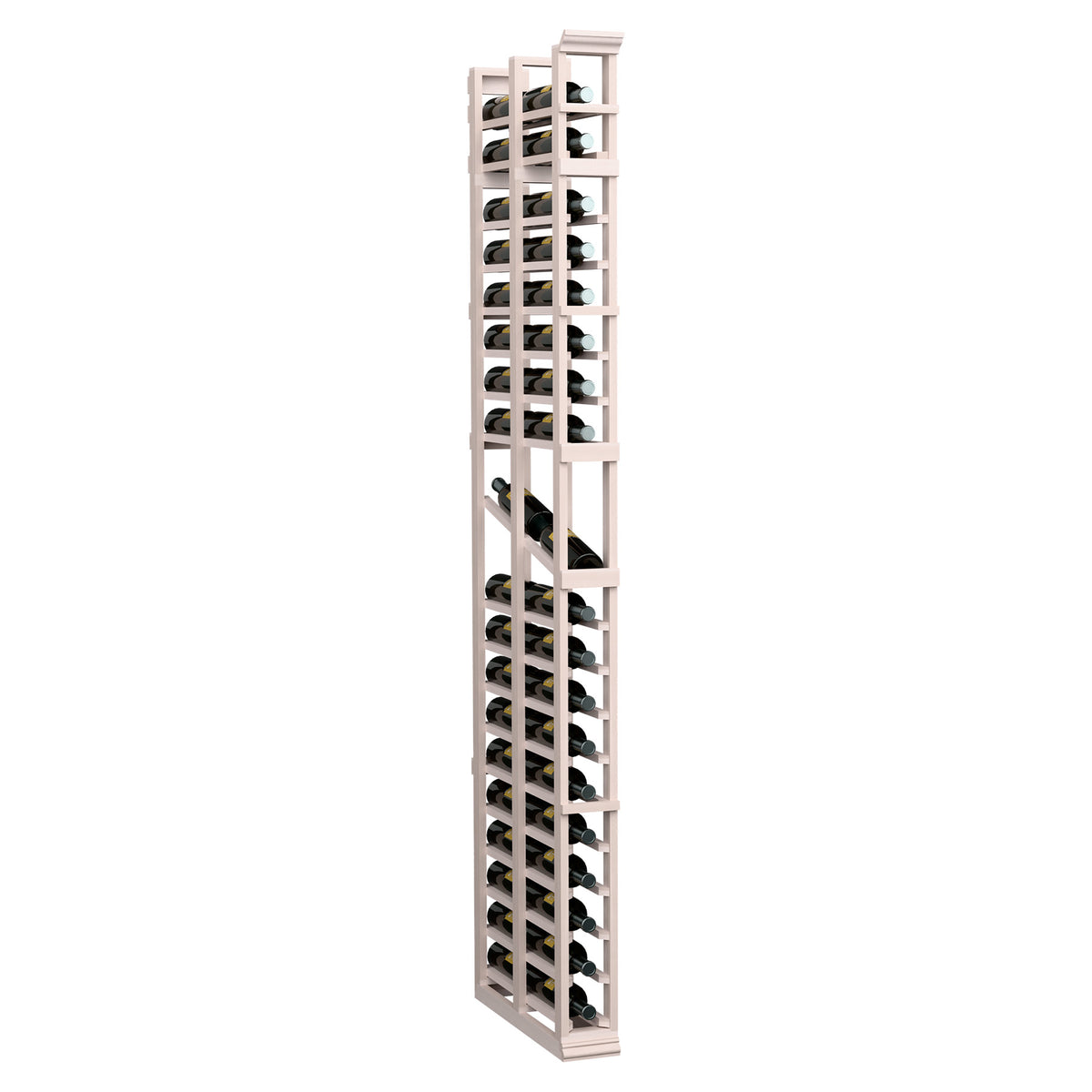 White-toned wood 1-column double-deep bottle display rack with open lattice shelves