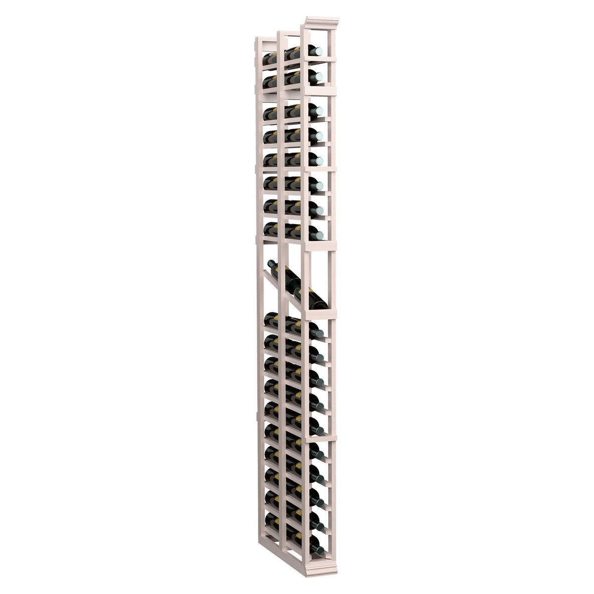 White-toned wood vertical bottle display rack, double-deep cubbies in a 1-column frame