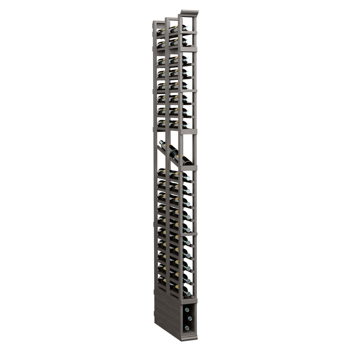 Dark wood wine bottle display rack with double-deep grid and open slots, tall