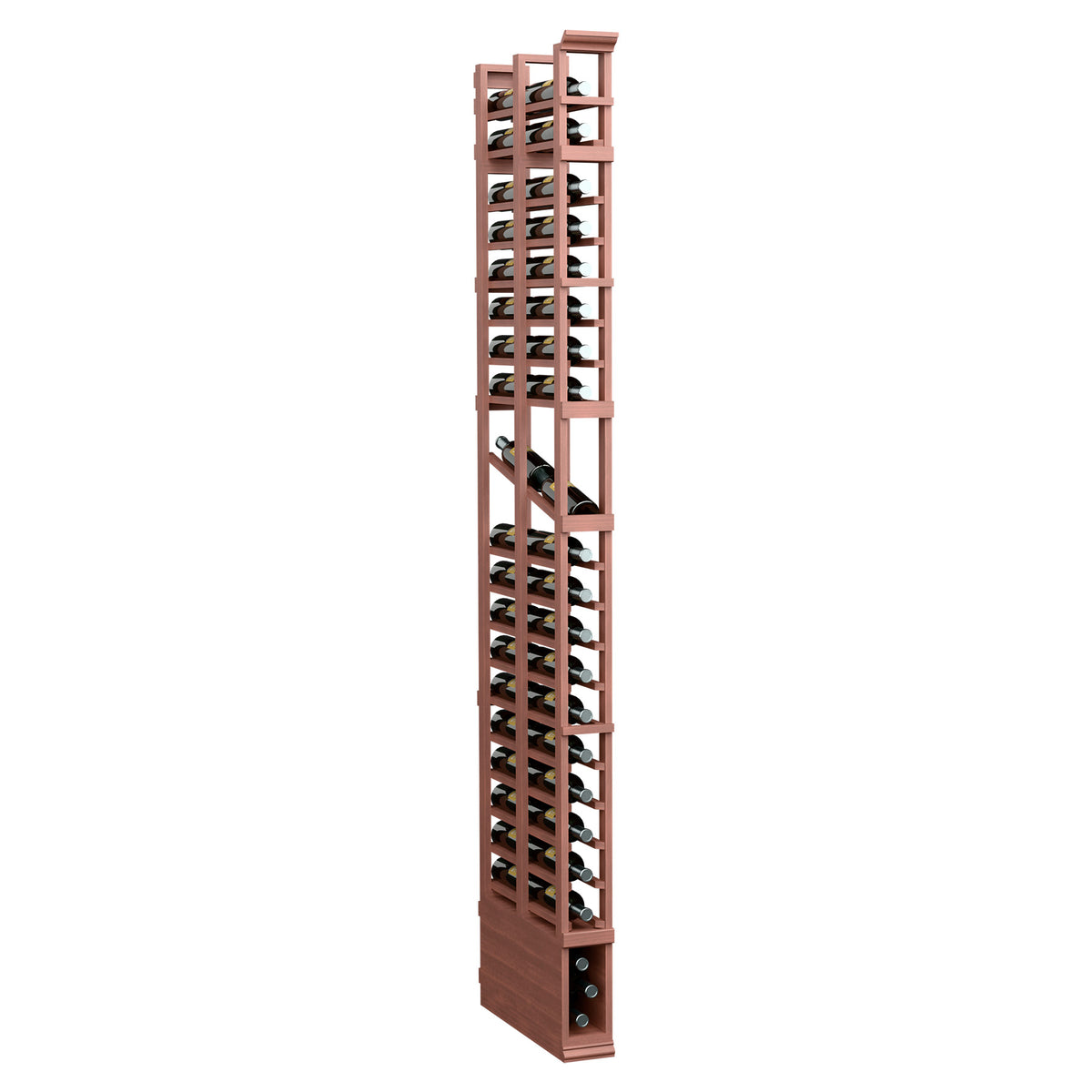 Red-brown wood wine bottle display rack with double-deep rows of open slots, tall