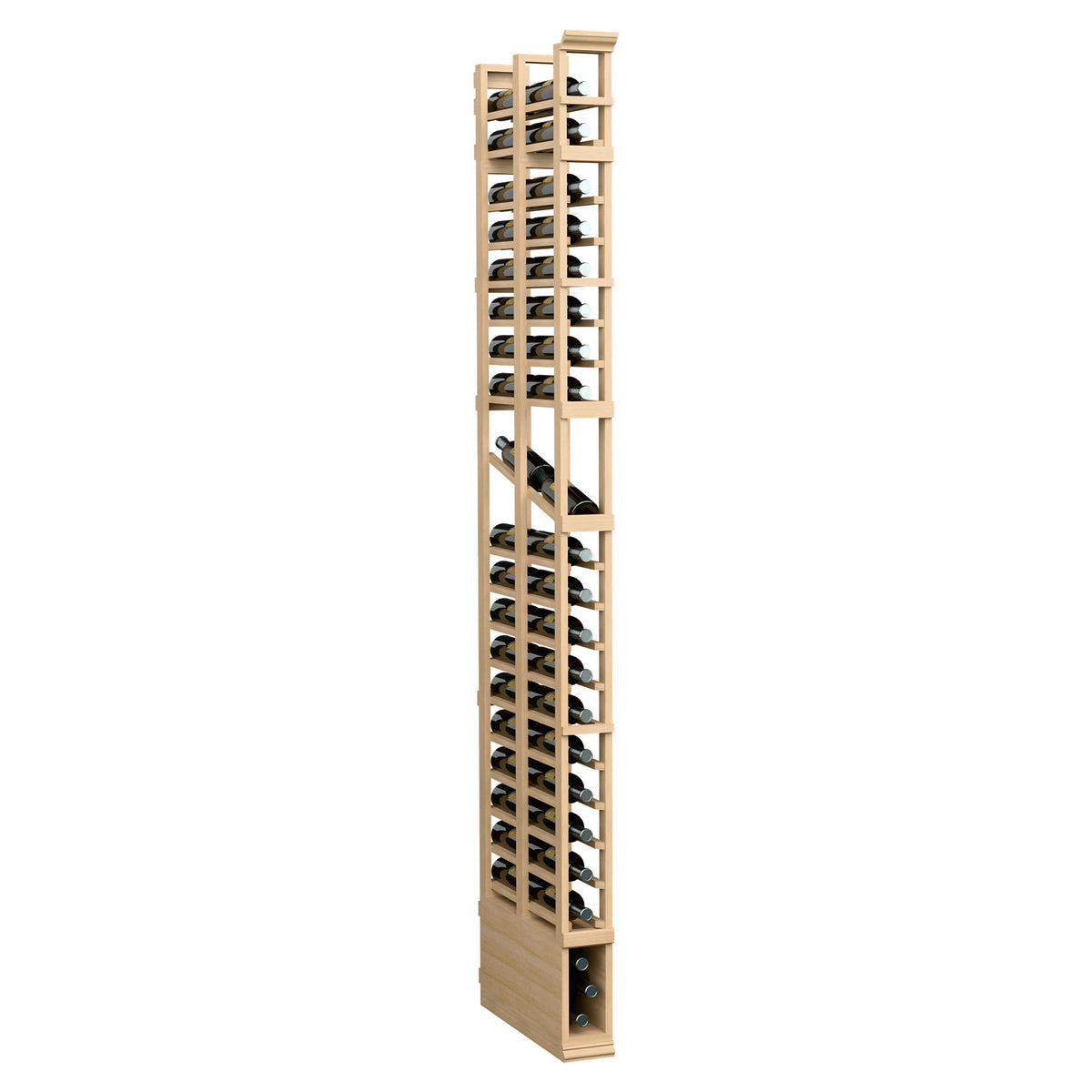 Light wood wine bottle display rack with double-deep rows of open bottle slots