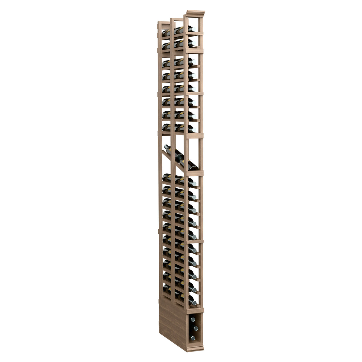Light wood wine bottle display rack with double-deep bottle slots, tall