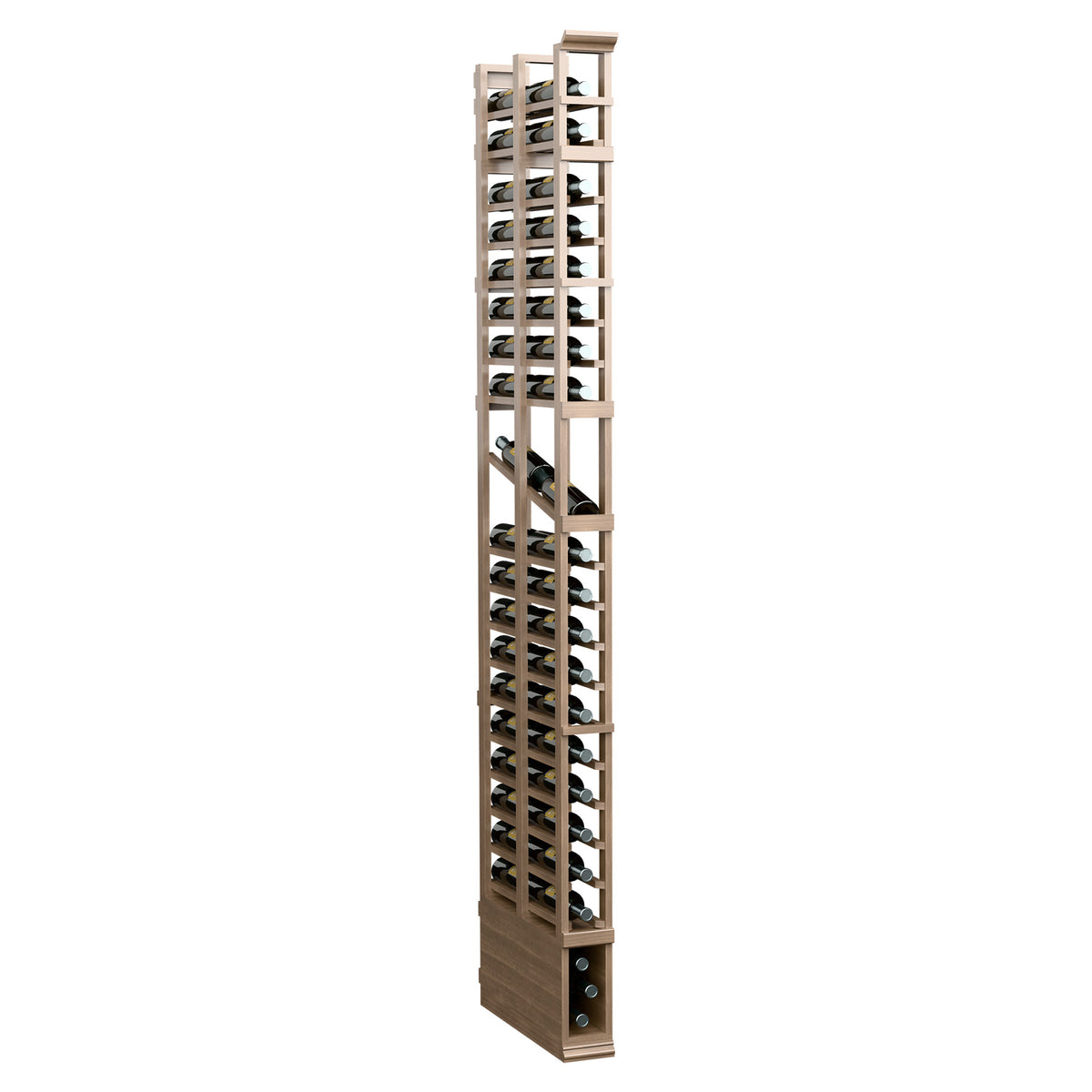 Light wood wine bottle display rack with double-deep slots and vertical grid