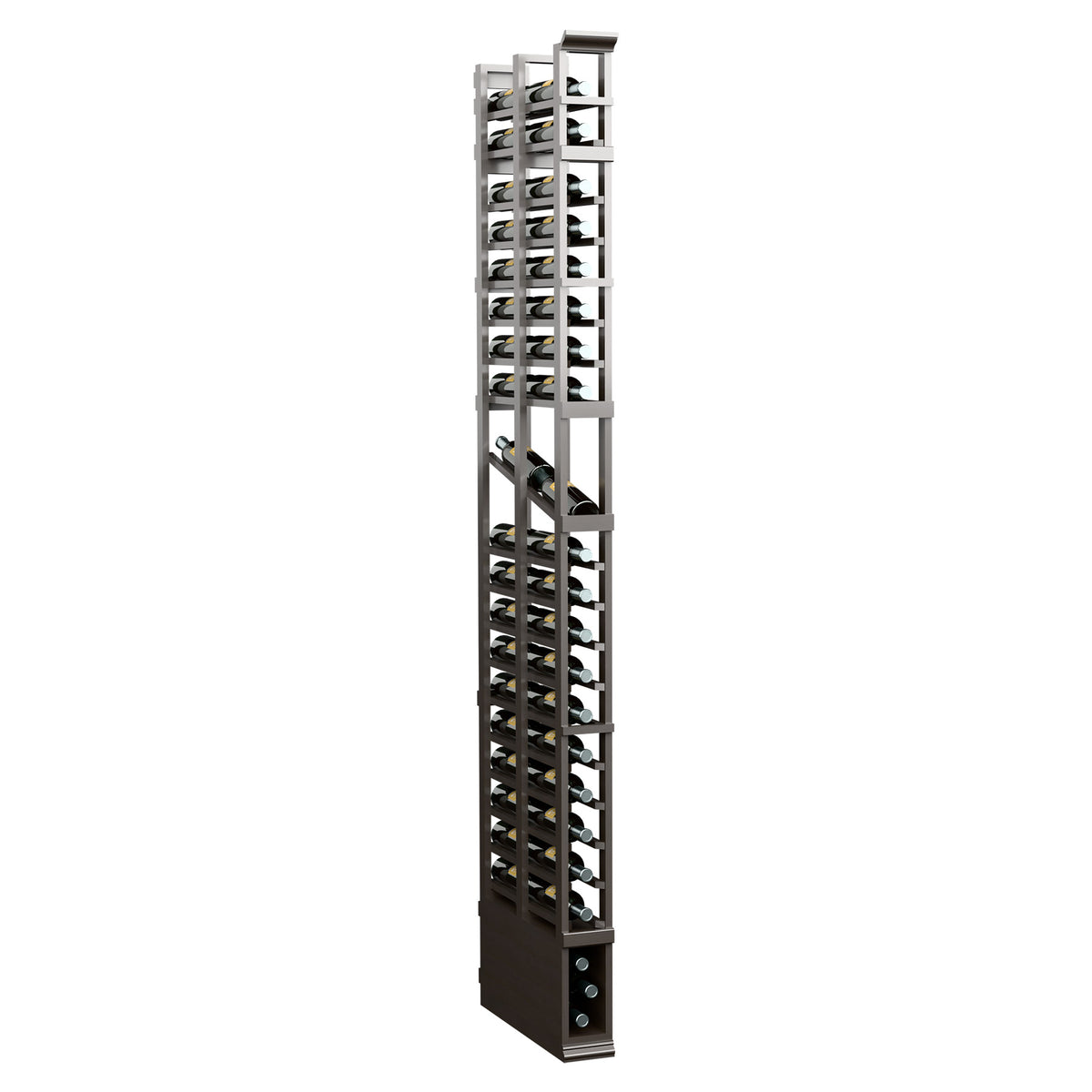 Dark wood wine bottle display rack with vertical double-deep grid and open slots