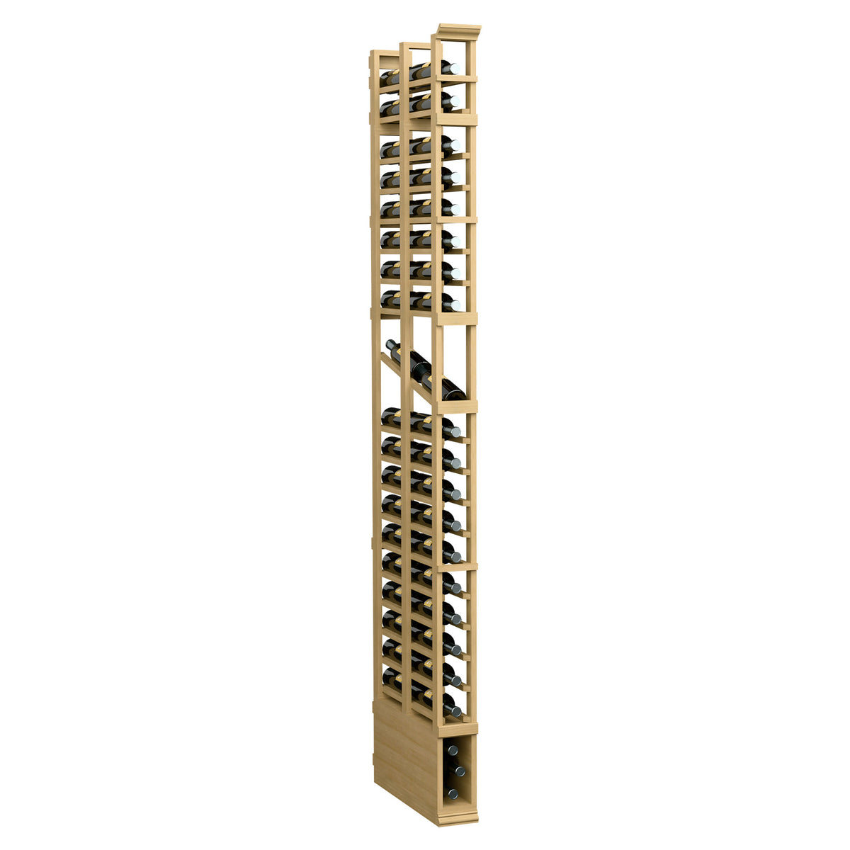 8-ft double-deep wine rack in light wood, front view with tall bottle cubbies