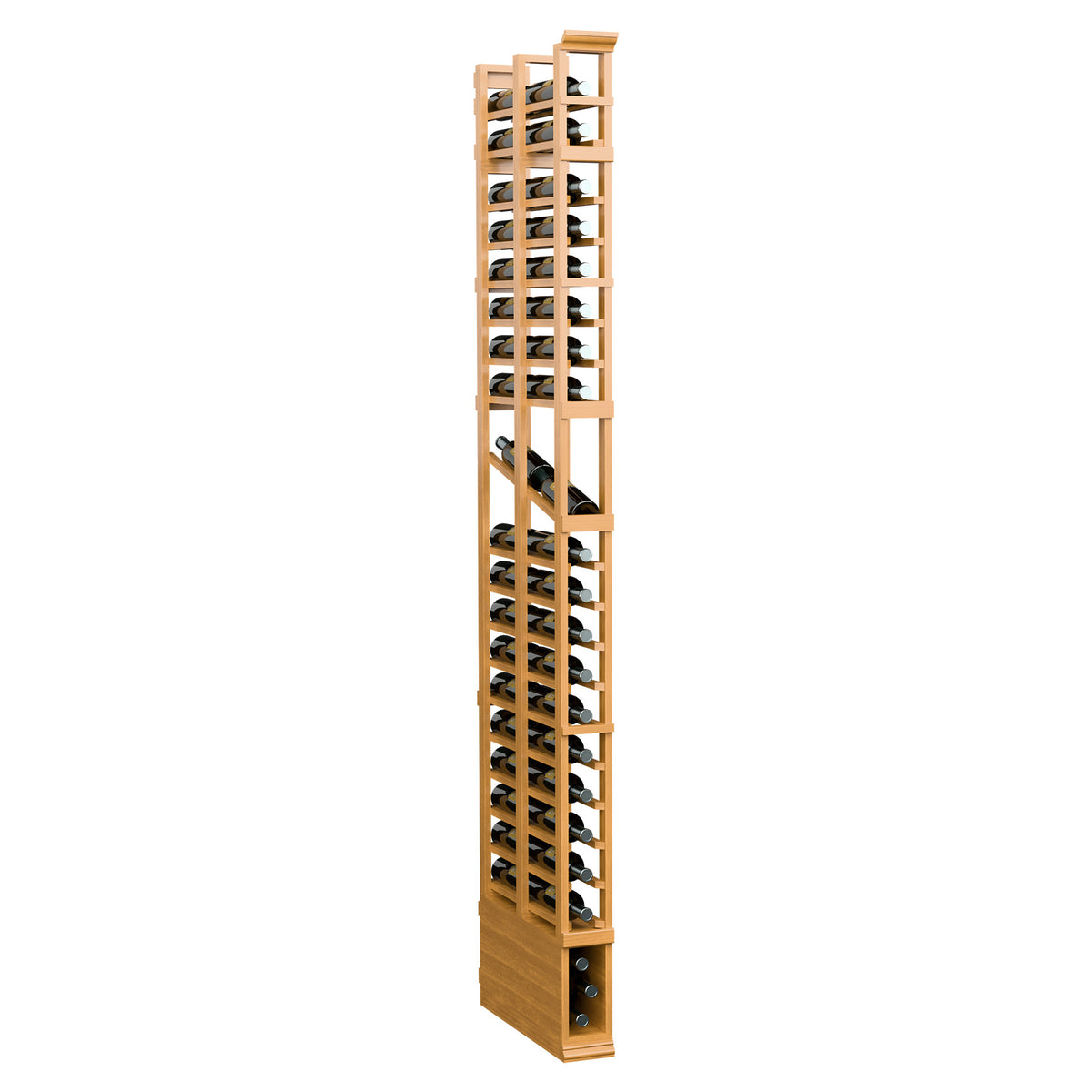 8-ft double-deep wine rack in honey wood, angled view with stacked bottle openings