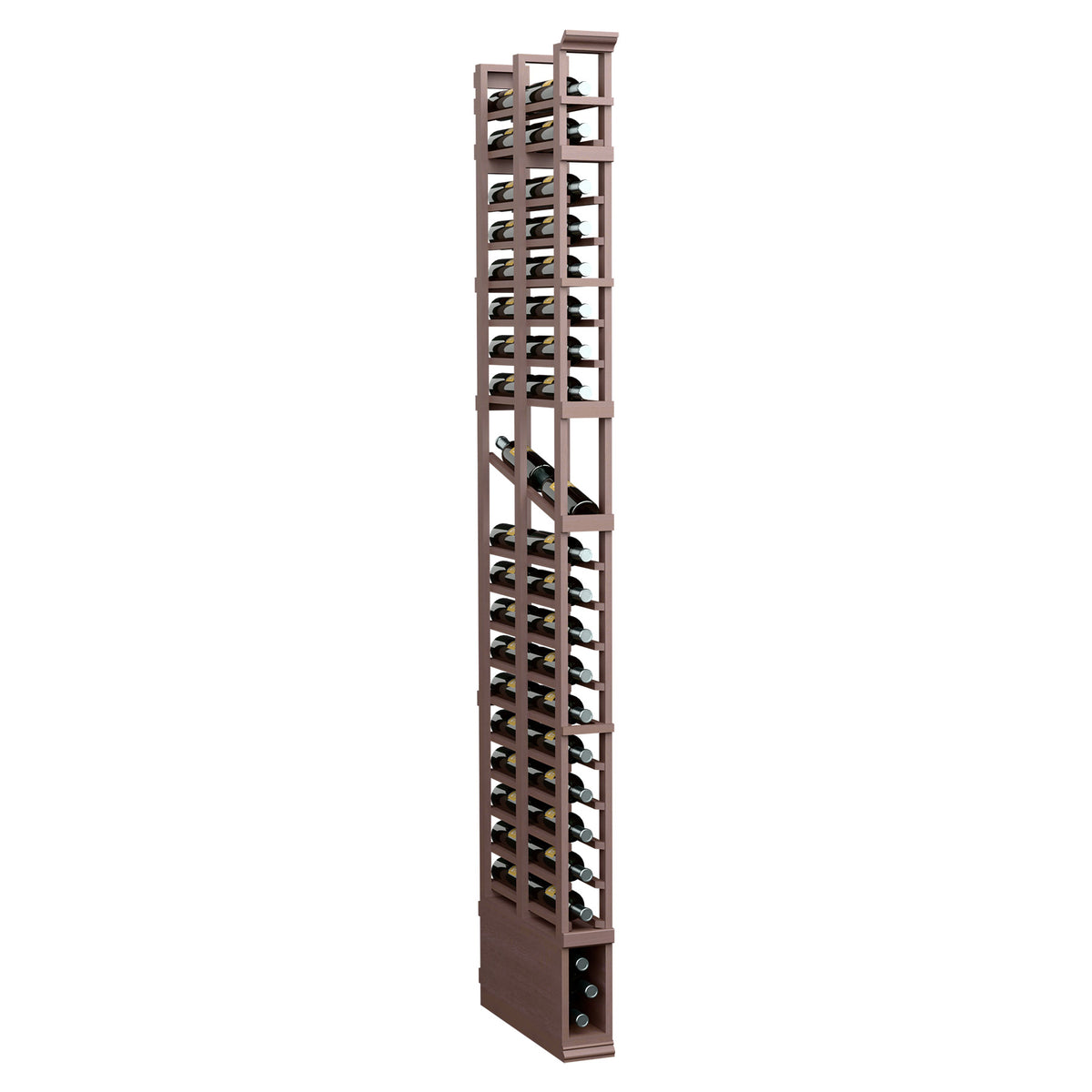 Dark-stained 1-column double-deep wine display rack with bottle slots