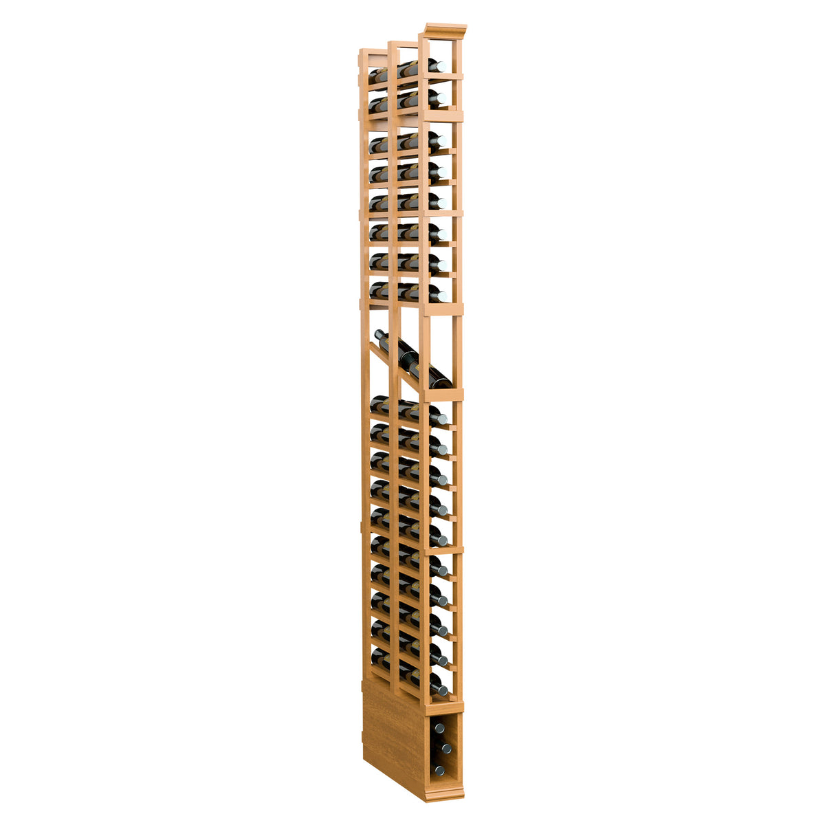 Tall 1-column double-deep wine rack in warm light wood with bottle compartments