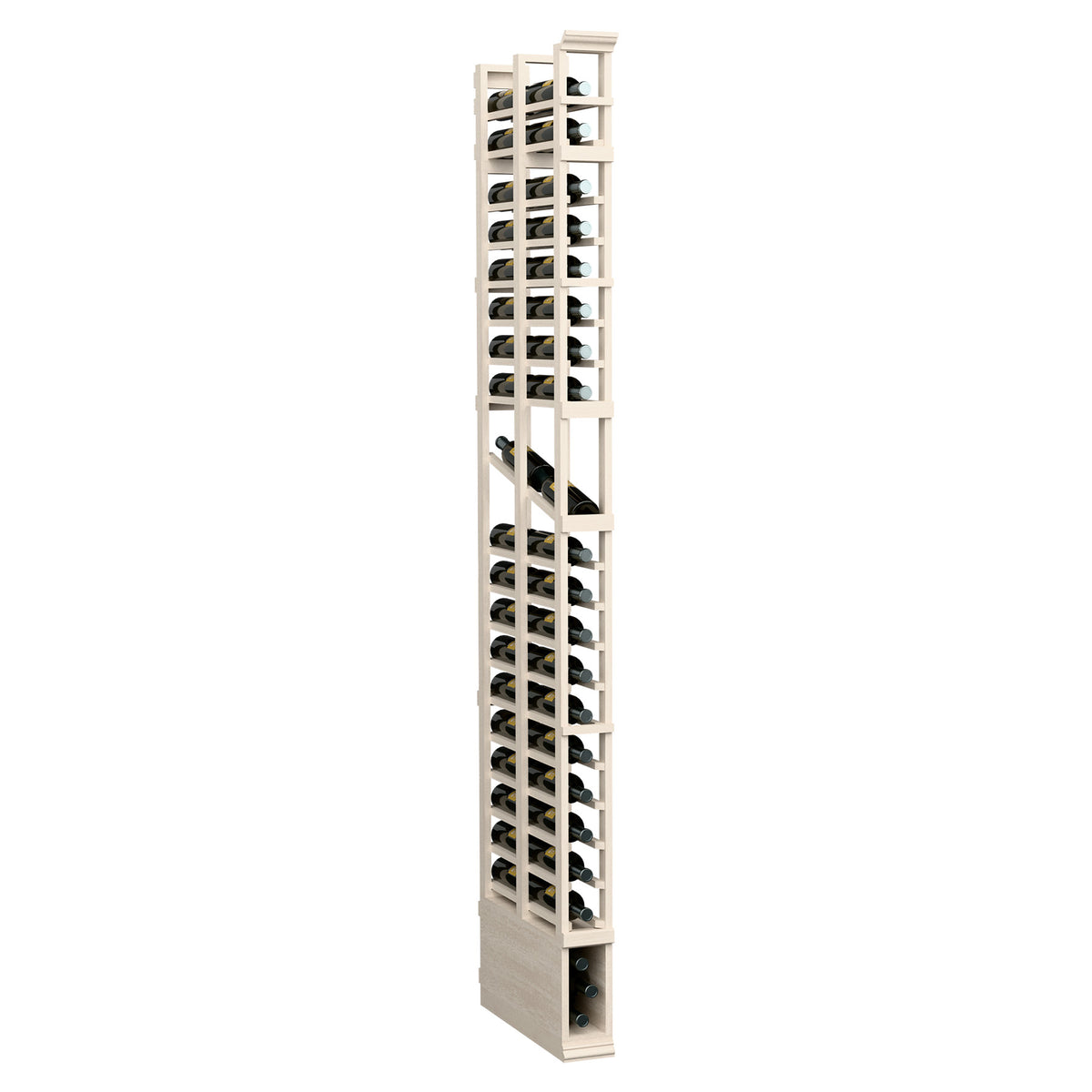 Whitewashed 1-column double-deep wine display rack with vertical bottle slots