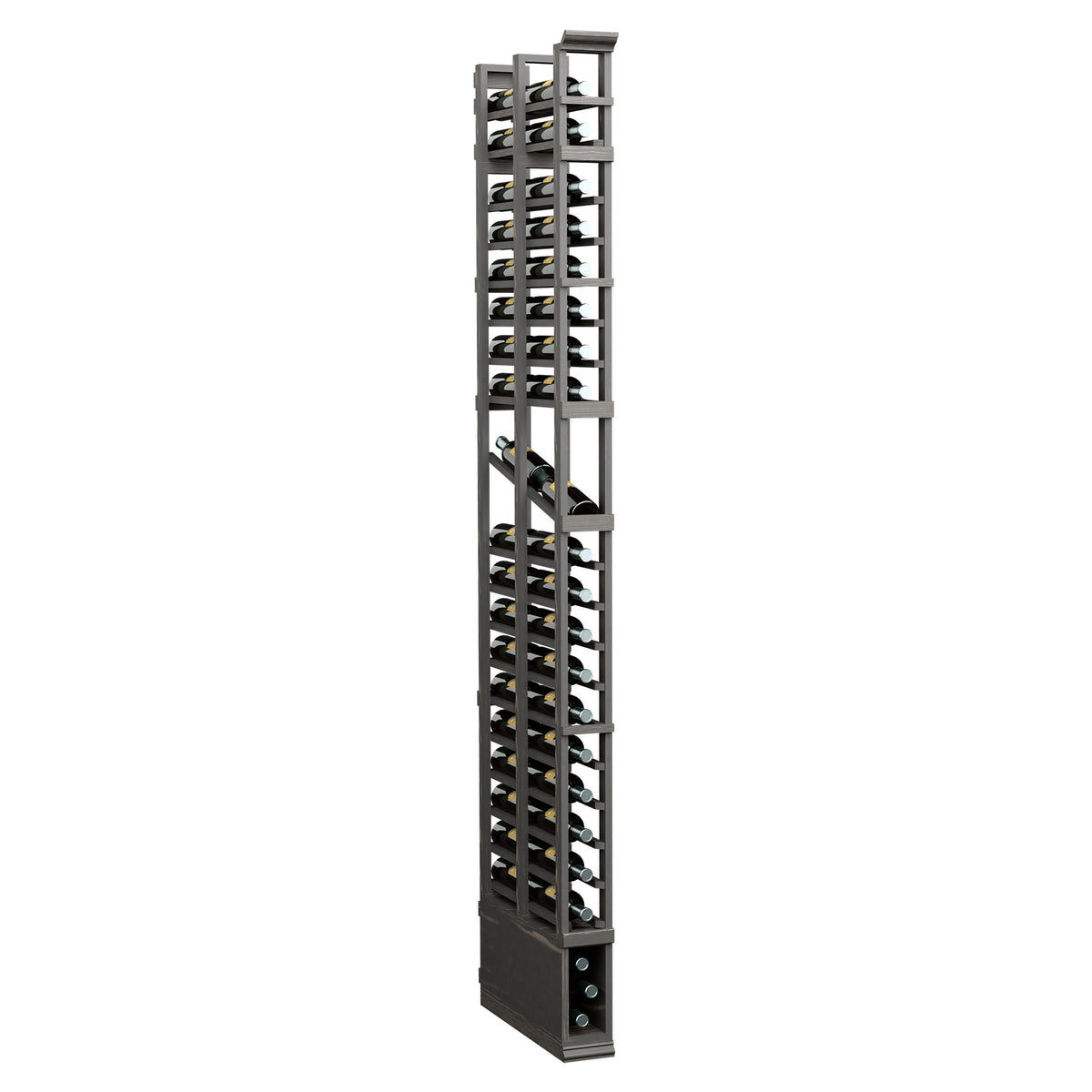 Dark wine bottle display rack with metal grid, tall narrow 2-column shelving frame