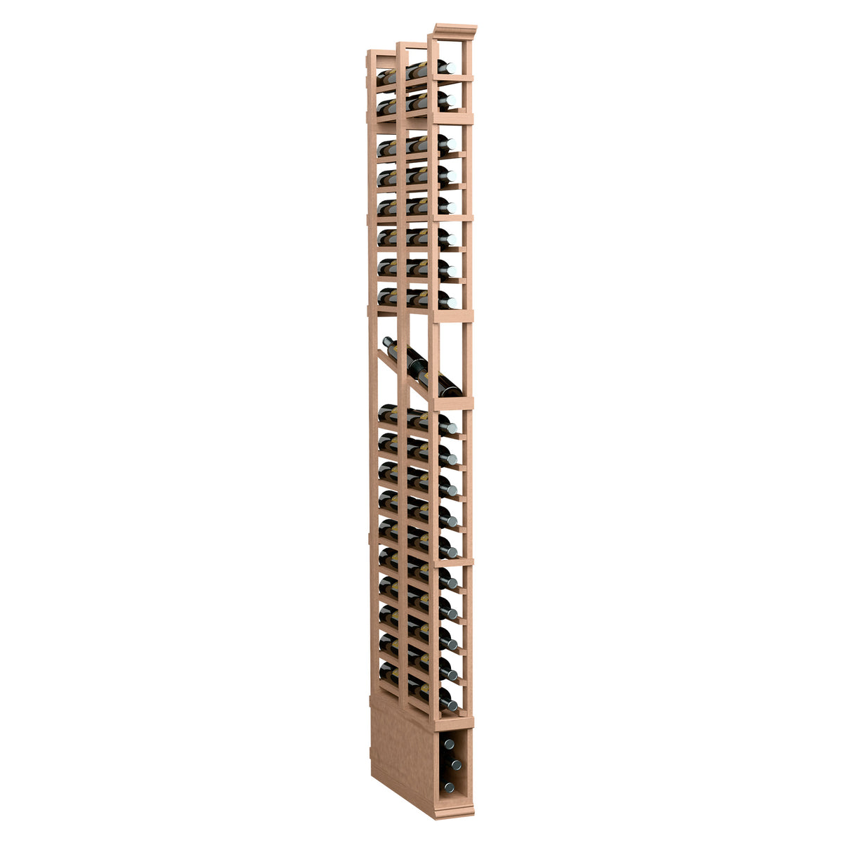 Light tan wine bottle display rack with metal grid, tall narrow 2-column shelving
