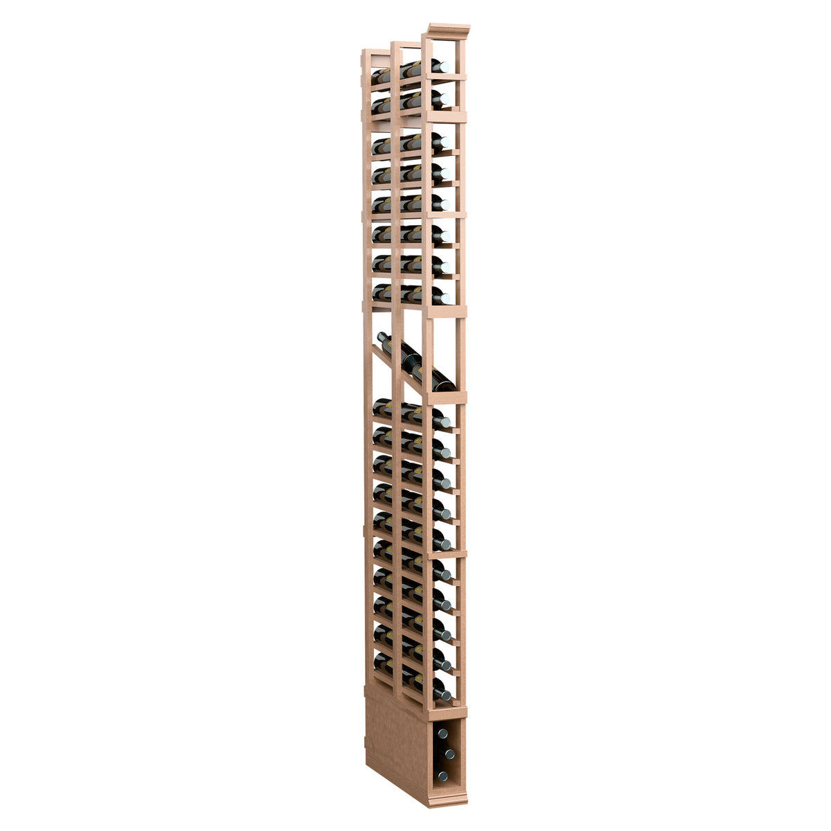 Light tan wine bottle display rack with metal grid, front view of 2-column bottle slots