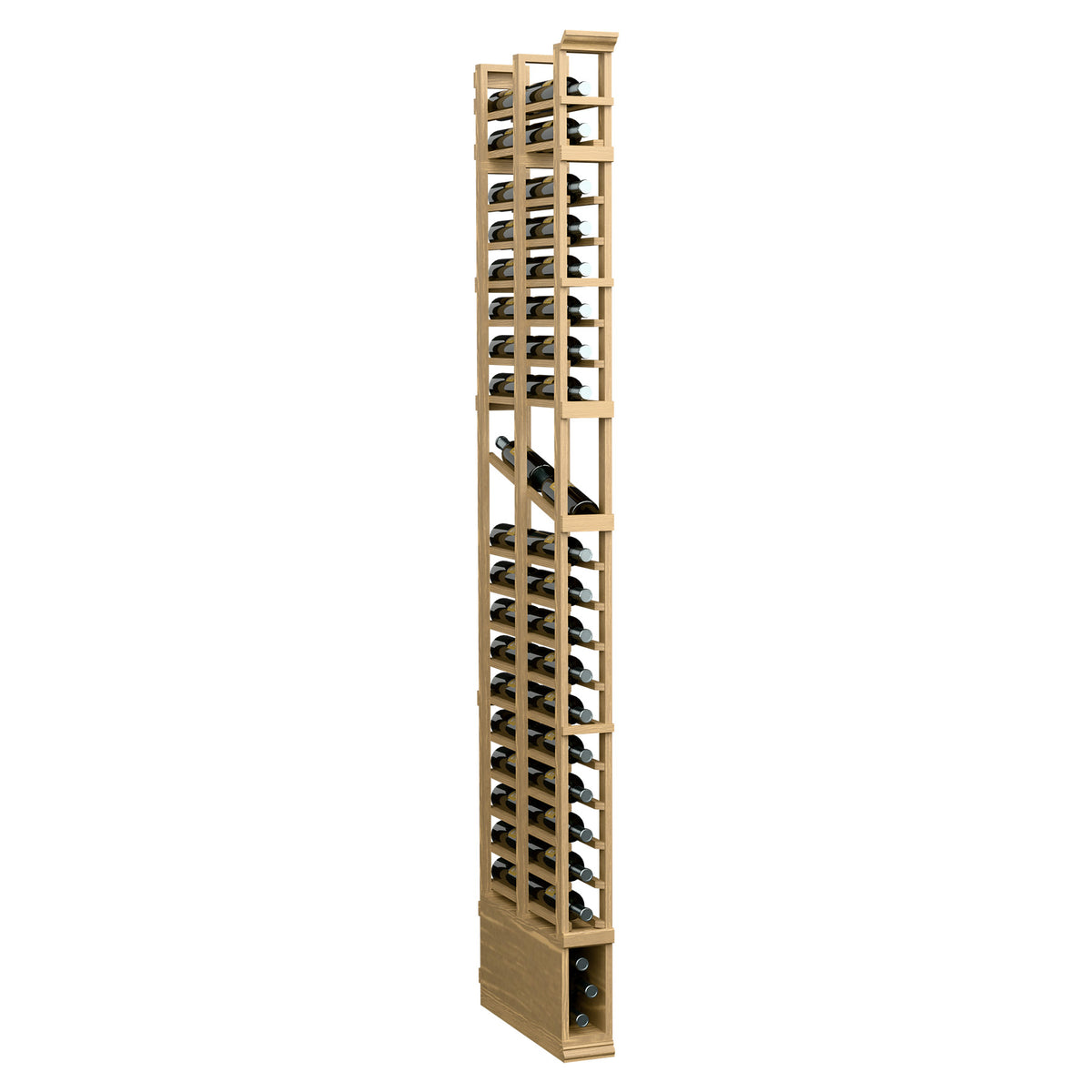 Light wood wine bottle display rack with metal grid, tall narrow 2-column rack frame