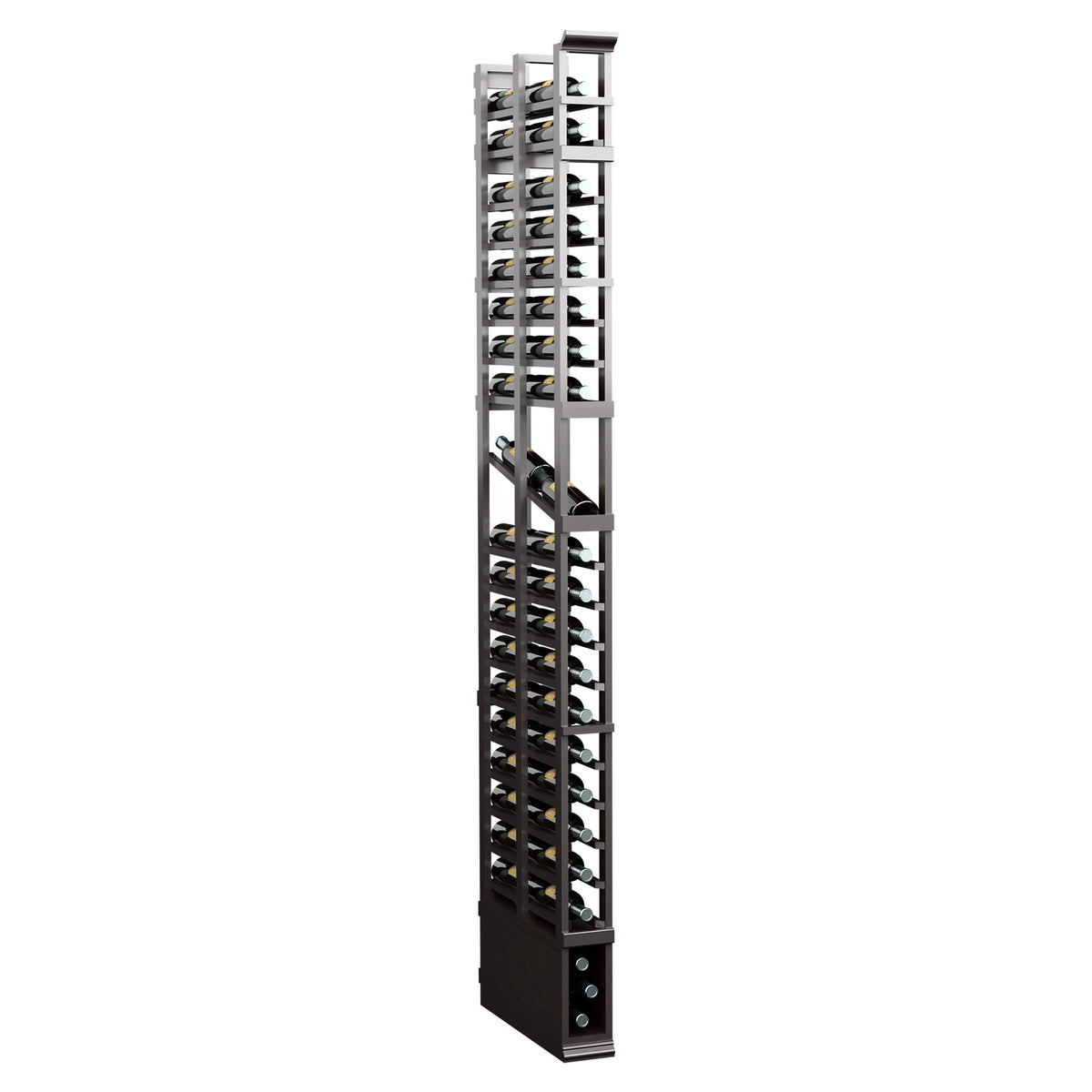Light gray metal and dark wood wine bottle display rack, 2-column bottle slot frame