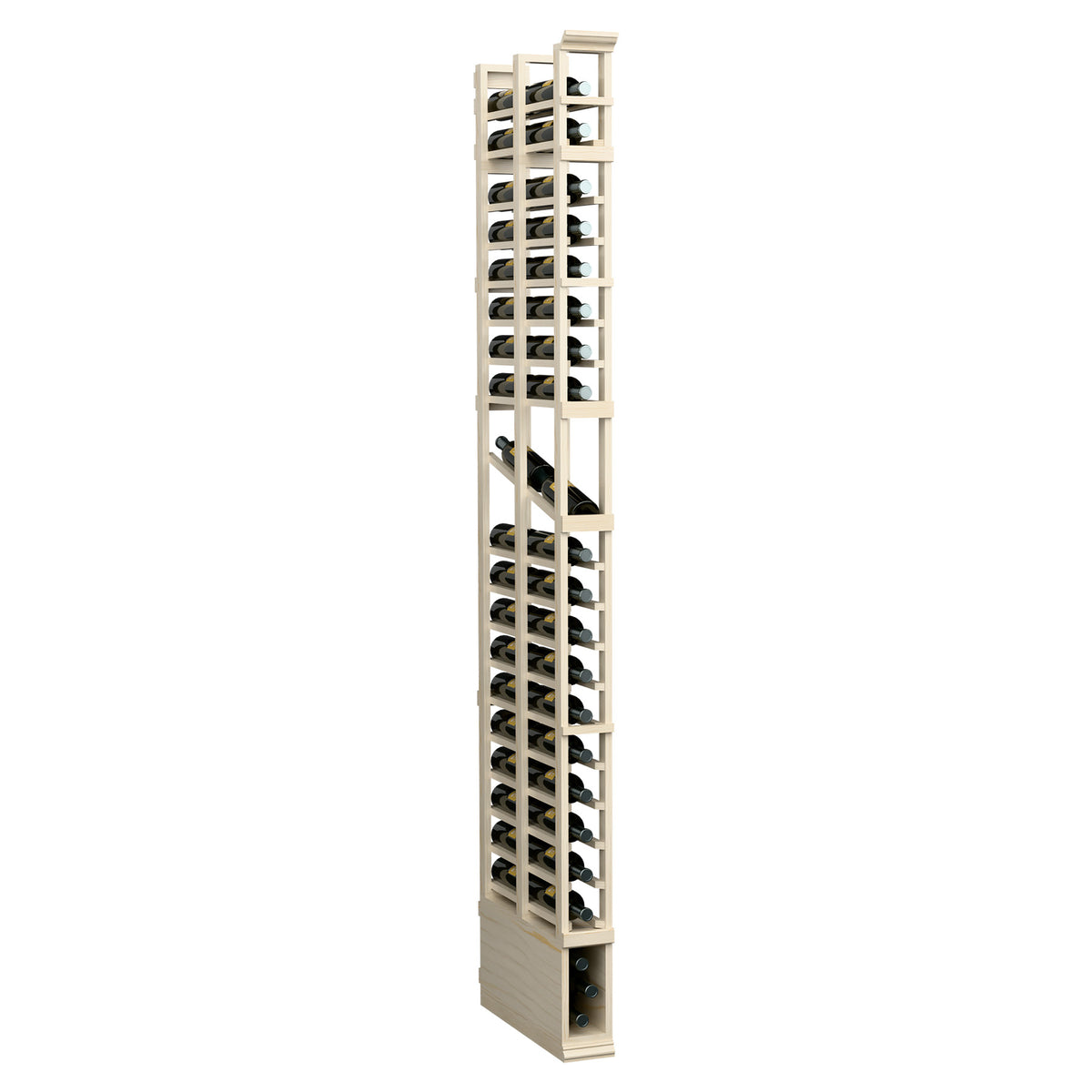 1-column double deep display rack, 8-ft, light wood with side view of bottle slots