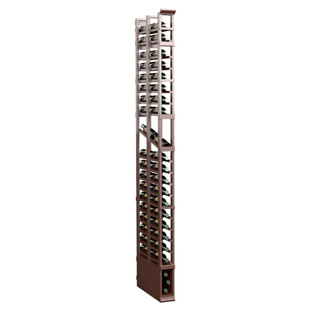 1-column double deep display rack, 8-ft, dark wood frame with bottle slots and lattice