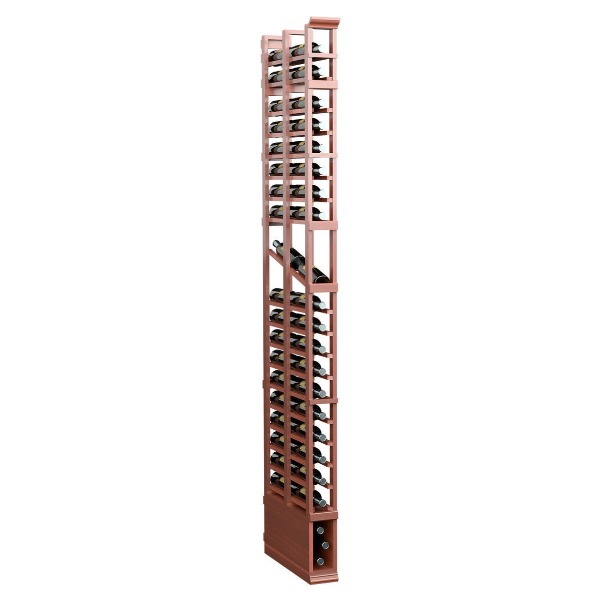 Double-deep wine display rack, reddish wood with metal grid shelves, front 3/4 view