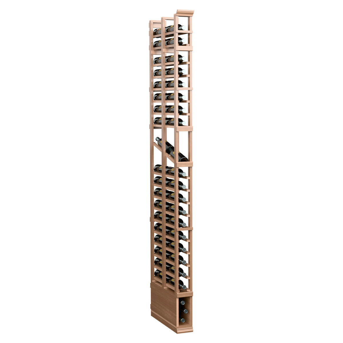 Double-deep wine display rack, light wood with metal grids and bottle slots, side view