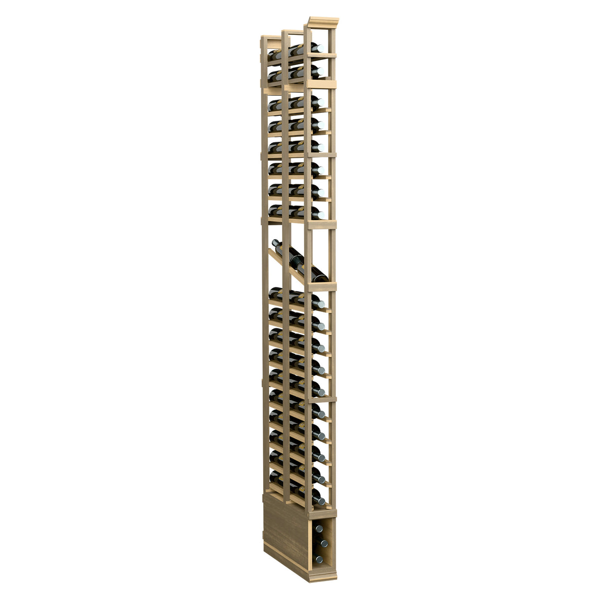 Double-deep wine display rack, pale wood with metal grid shelves and bottle supports