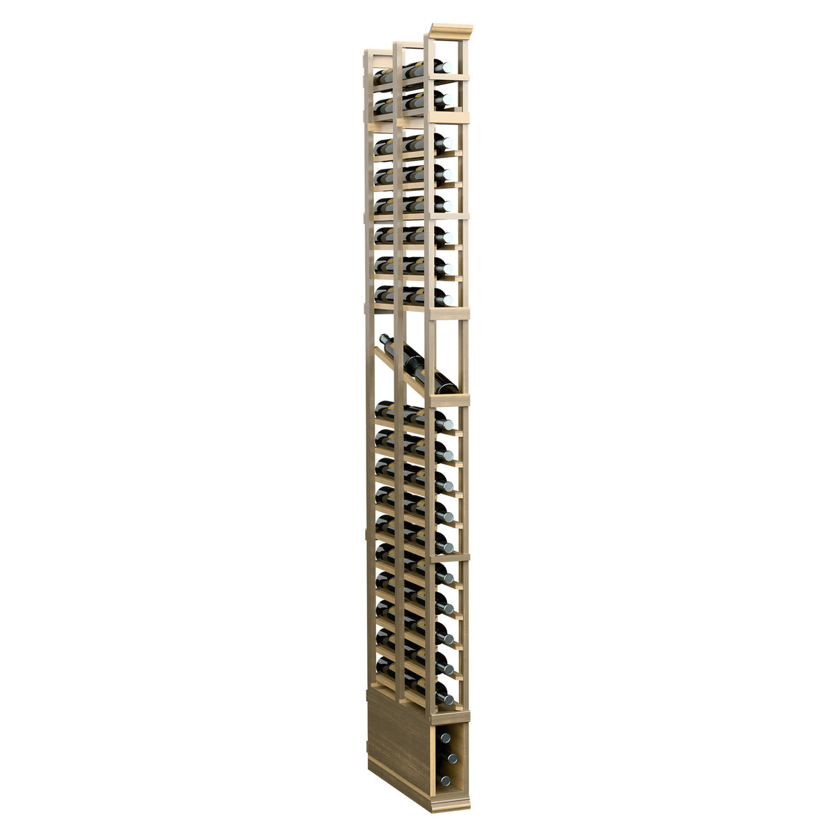 Double-deep wine display rack, pale wood with metal grids and bottle slots, angled view