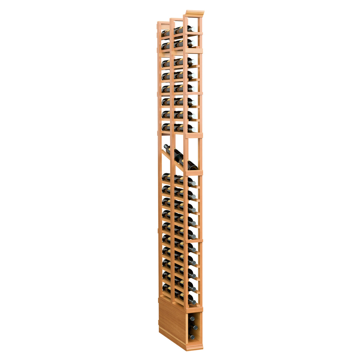 8ft single-column double-deep wine bottle display rack in light reddish wood