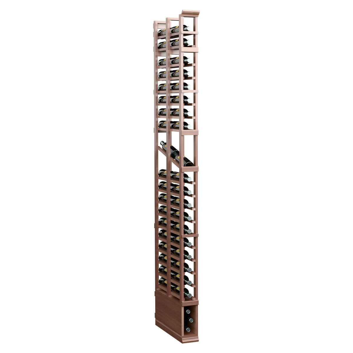 8ft single-column double-deep wine bottle display rack in dark wood