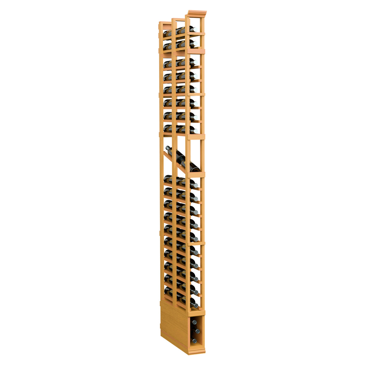 8ft single-column double-deep wine bottle display rack in honey-colored wood