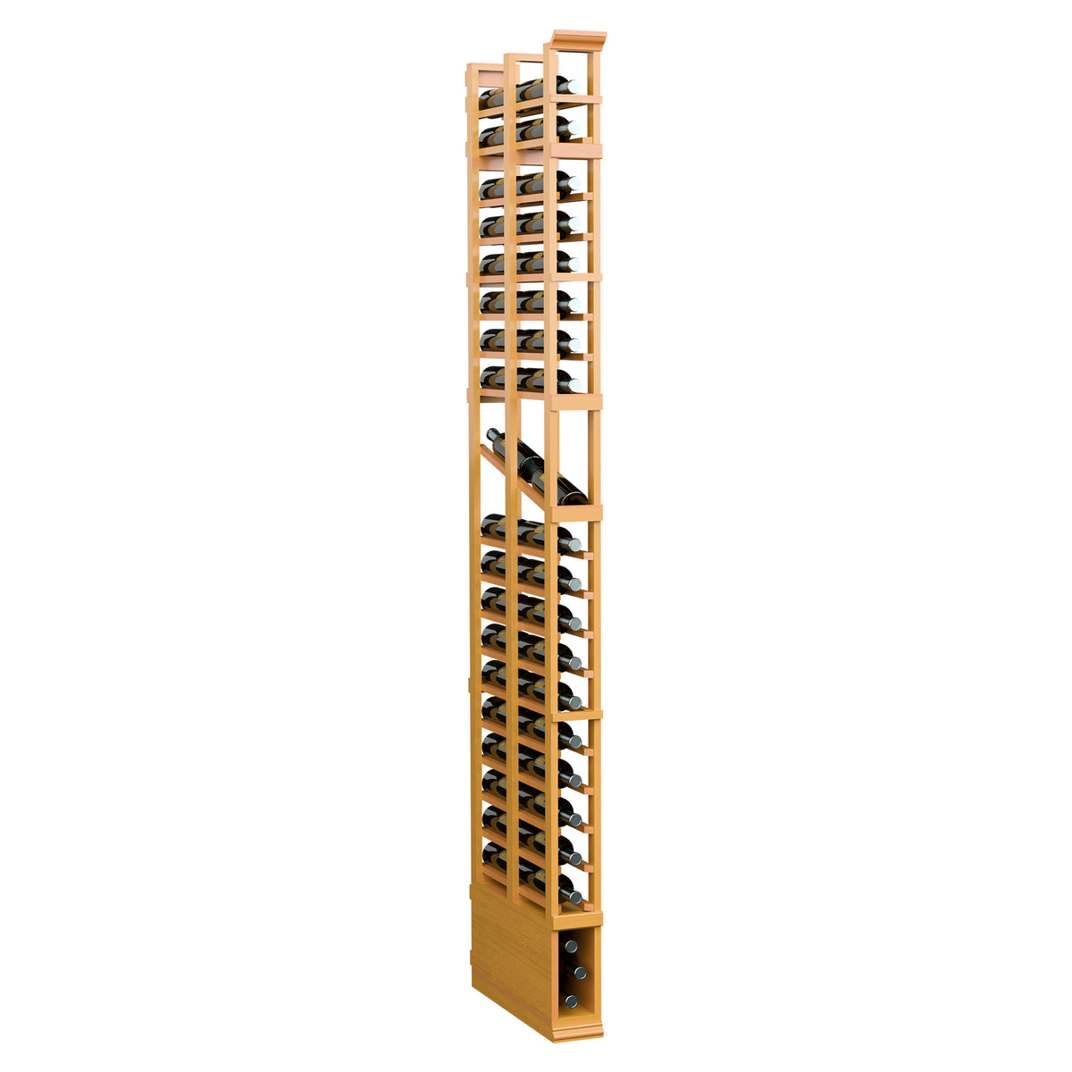 8ft single-column double-deep wine bottle display rack in honey-colored wood