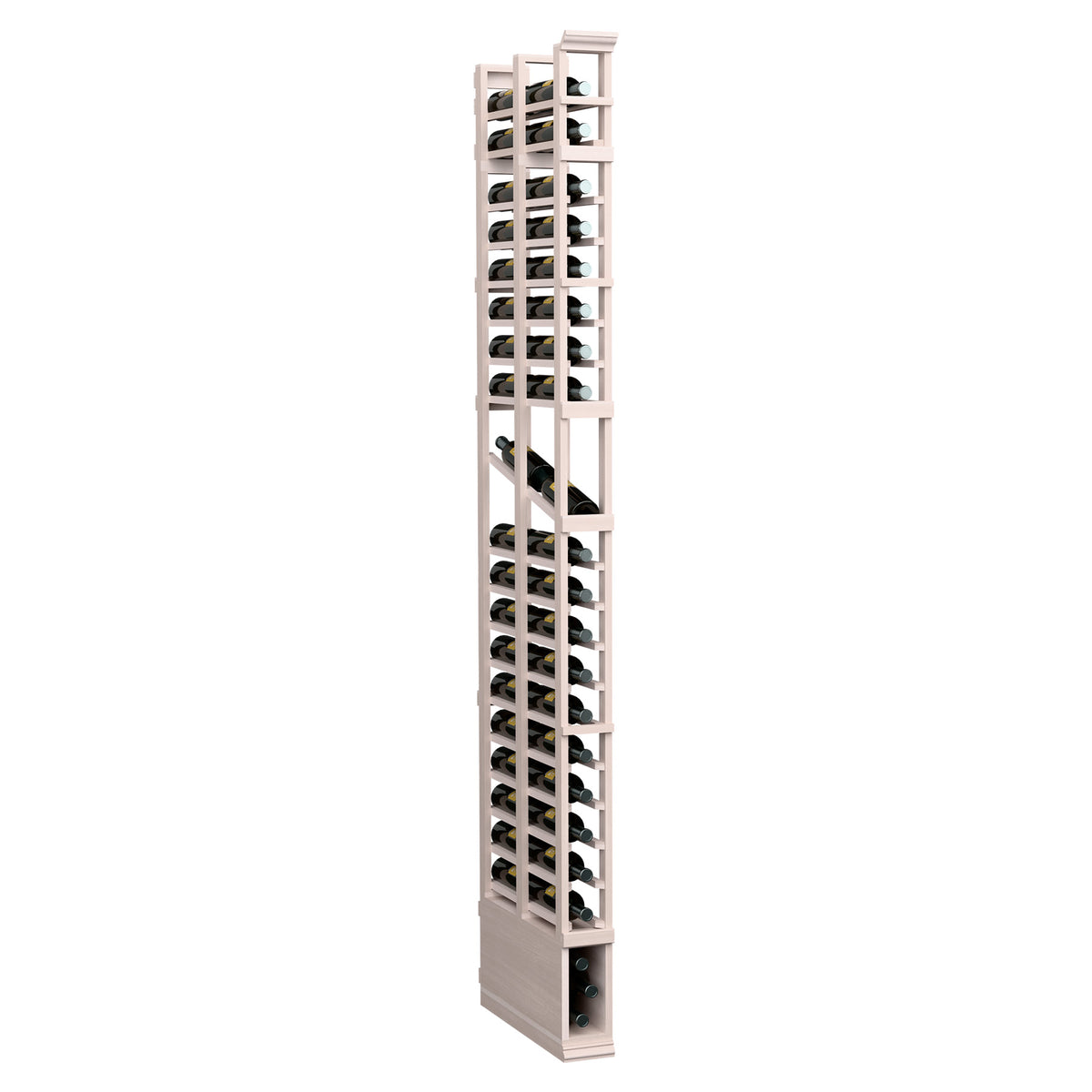 8ft single-column double-deep wine bottle display rack in whitewashed wood