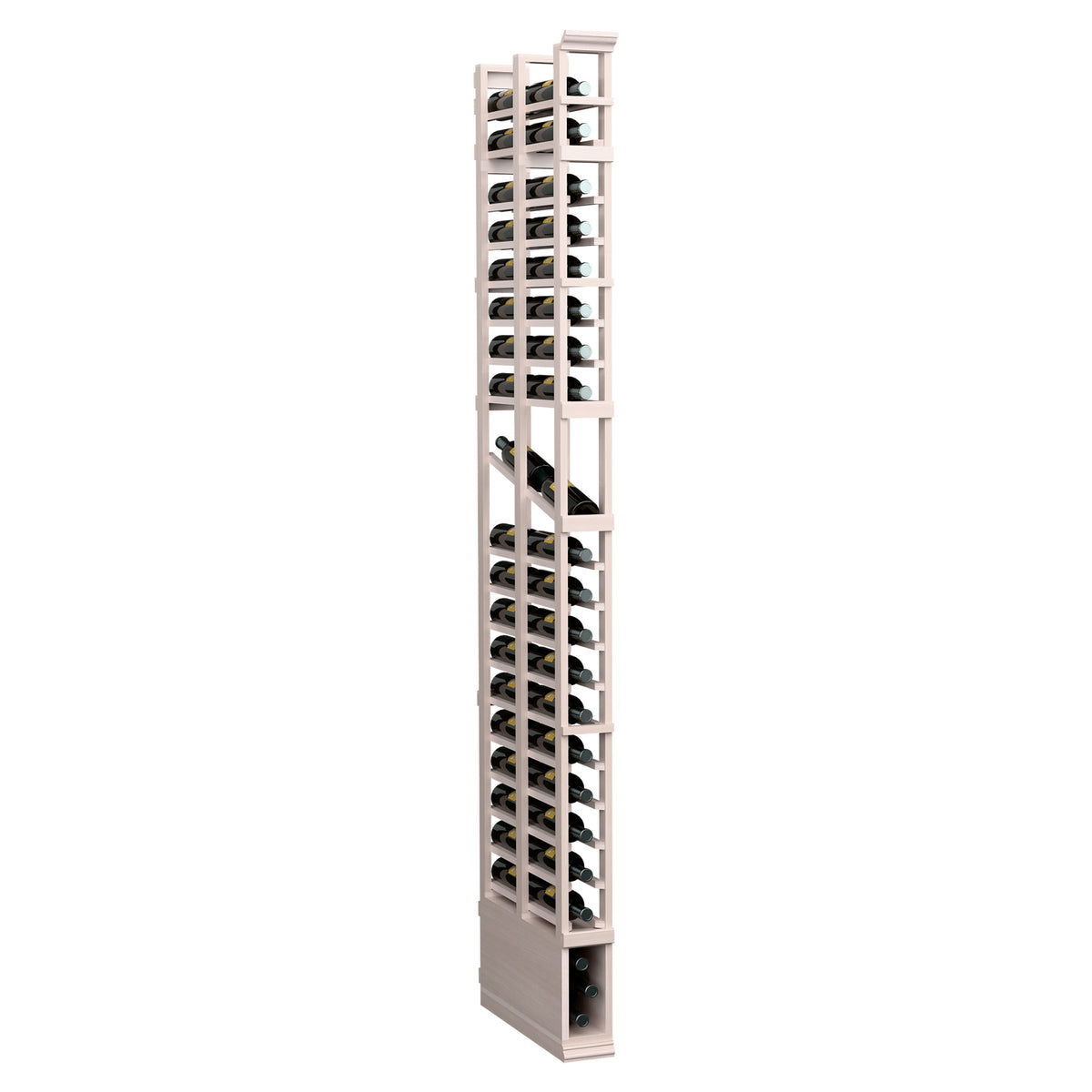8ft single-column double-deep wine bottle display rack in whitewashed wood