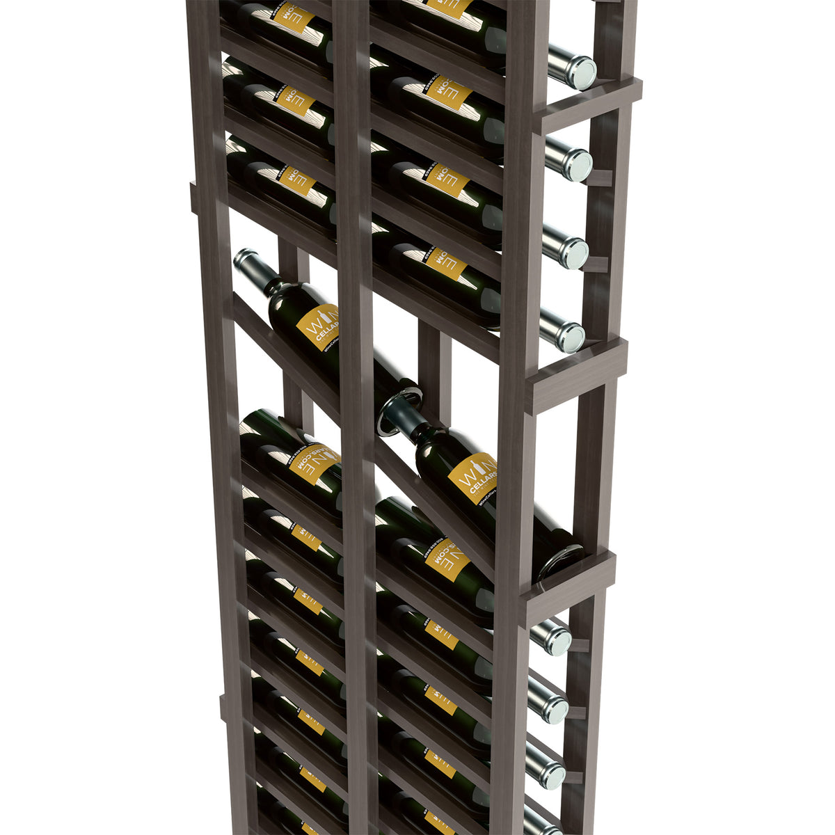 Dark brown 6ft wine display rack with two deep bottle rows and chrome side pegs