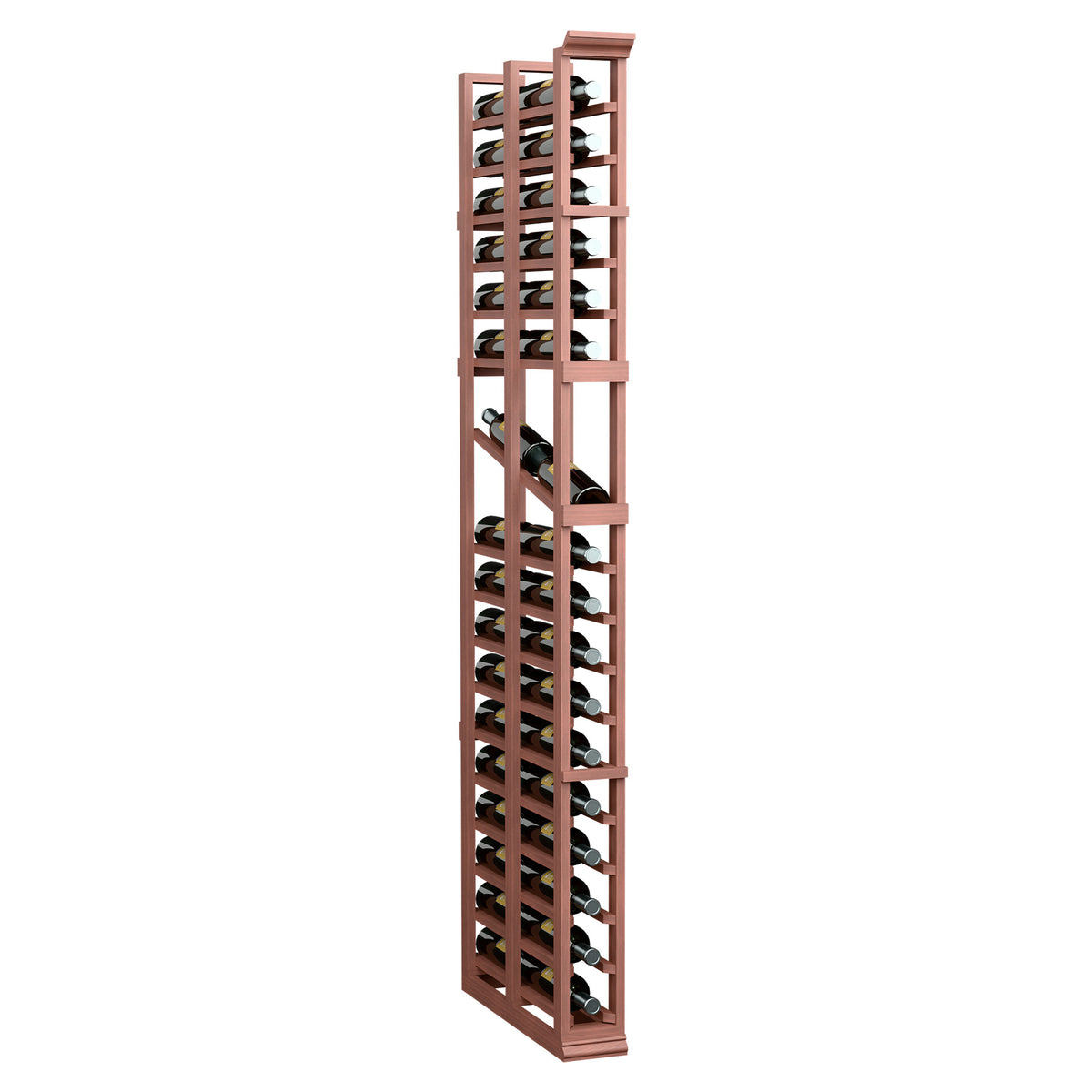 Red wood 6ft wine display rack with two deep bottle rows and side metal pegs