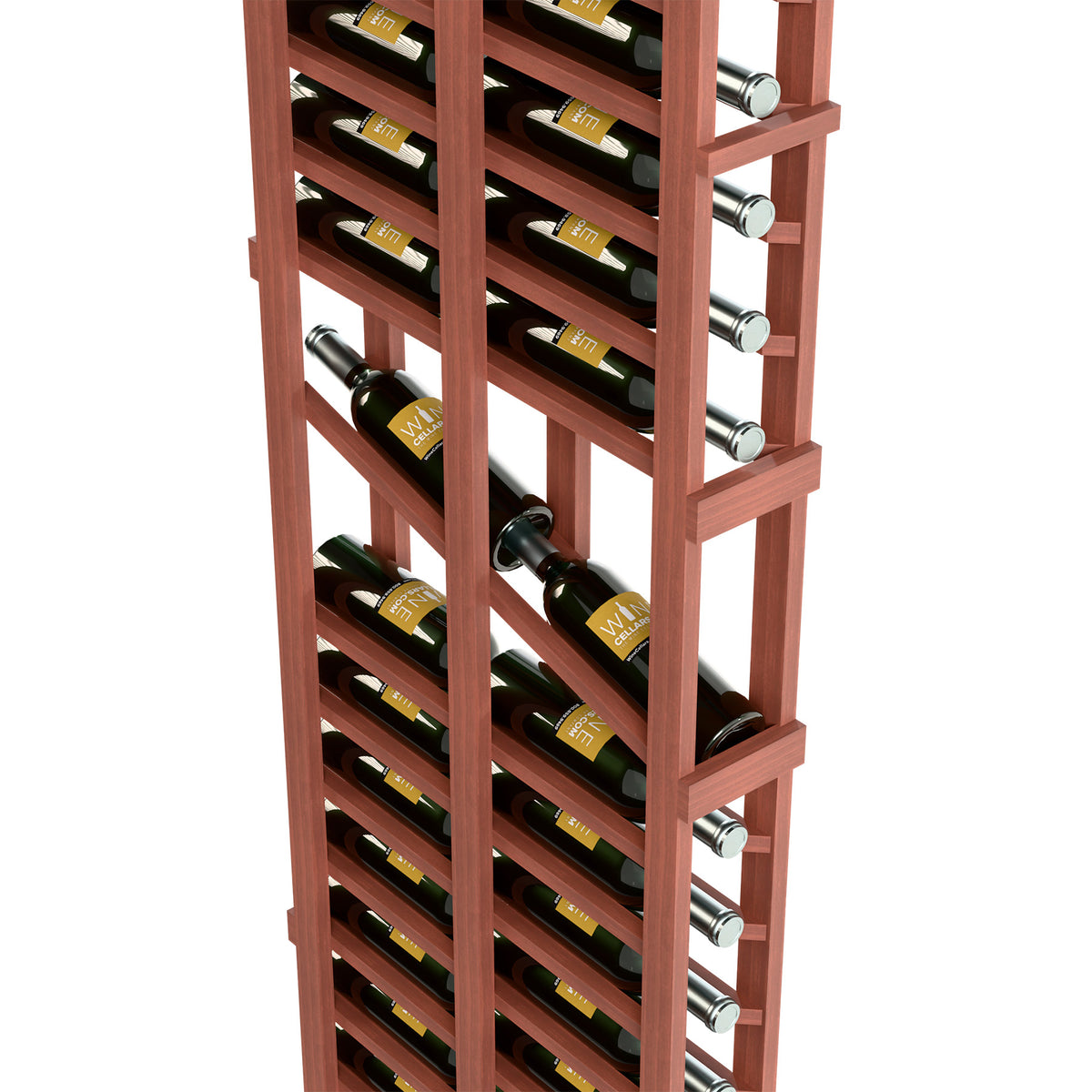 Cherry-red 6ft wine display rack with two deep bottle rows and chrome bottle pegs