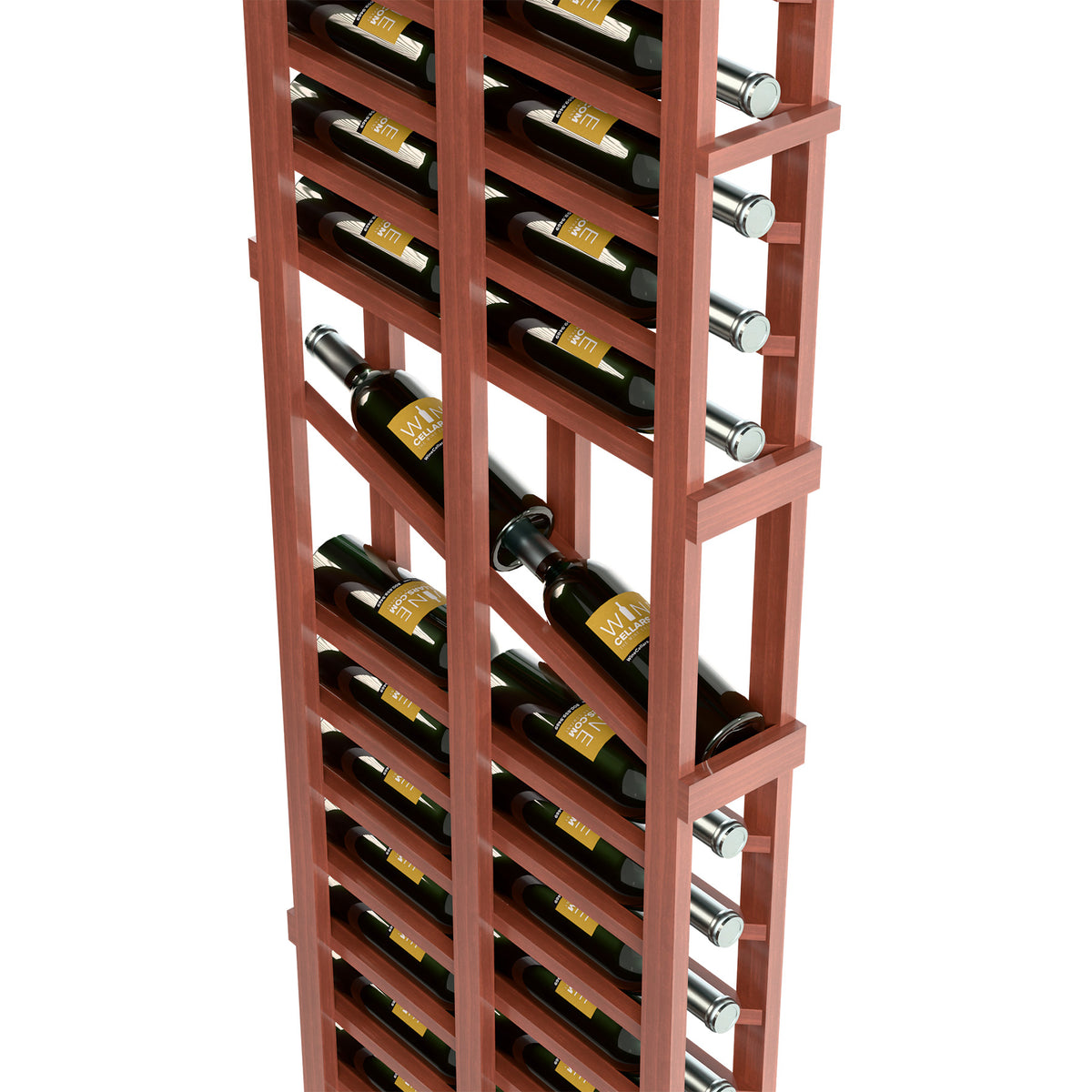Wood wine display rack showing two rows of bottles and round metal bottle holders