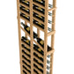Close side view of wooden wine rack with bottles stored in two deep columns