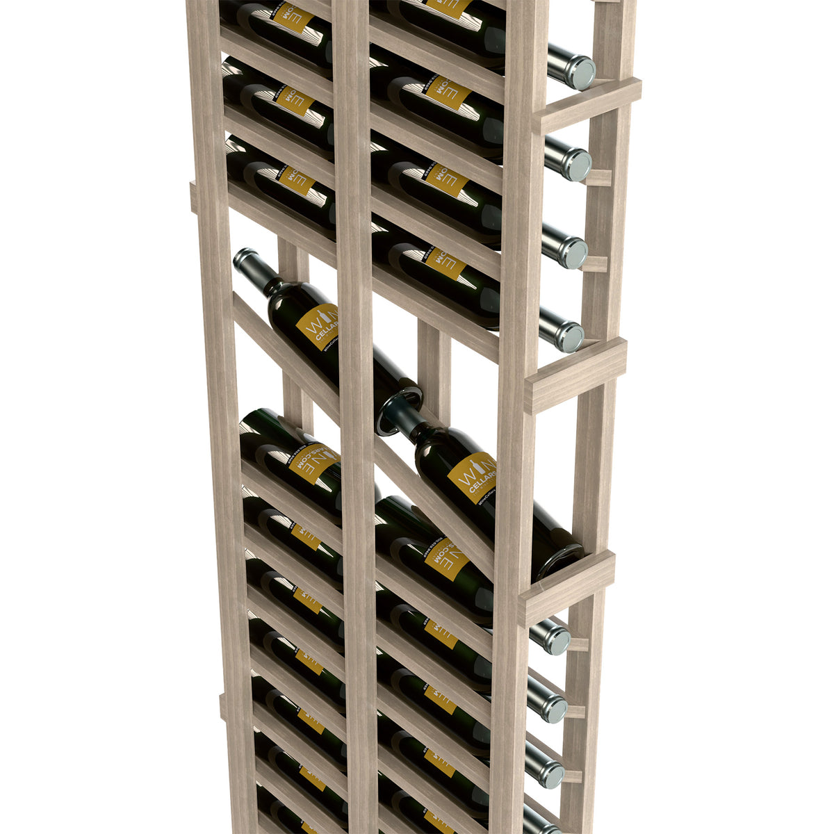 Double deep wine display rack with light wood shelves and wine bottles, silver peg holders.